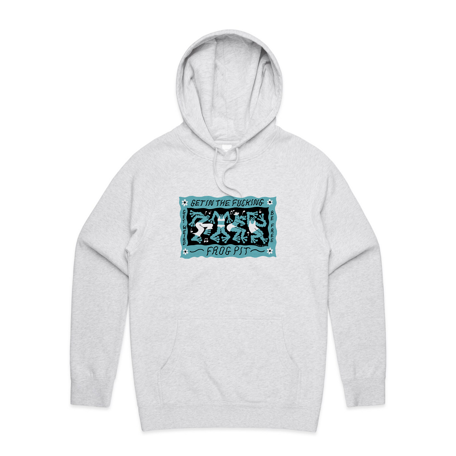 White Marle regular hoodie with Frog Pit Hoodie graphic by Lonely Kids Club