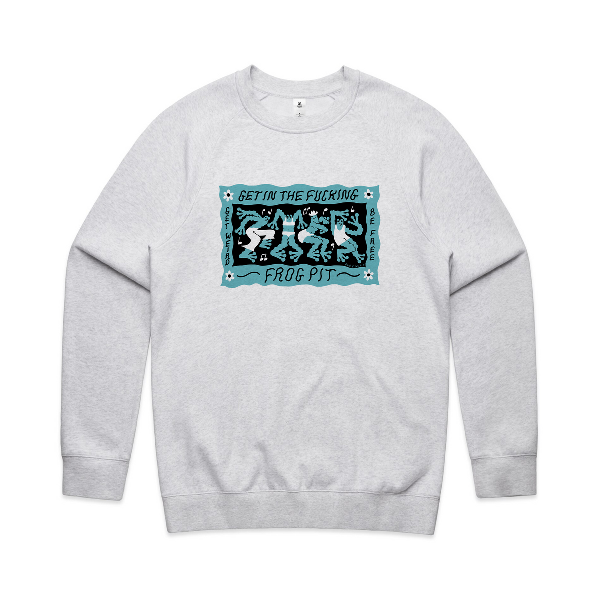 White Marle regular jumper with Frog Pit Jumper graphic by Lonely Kids Club