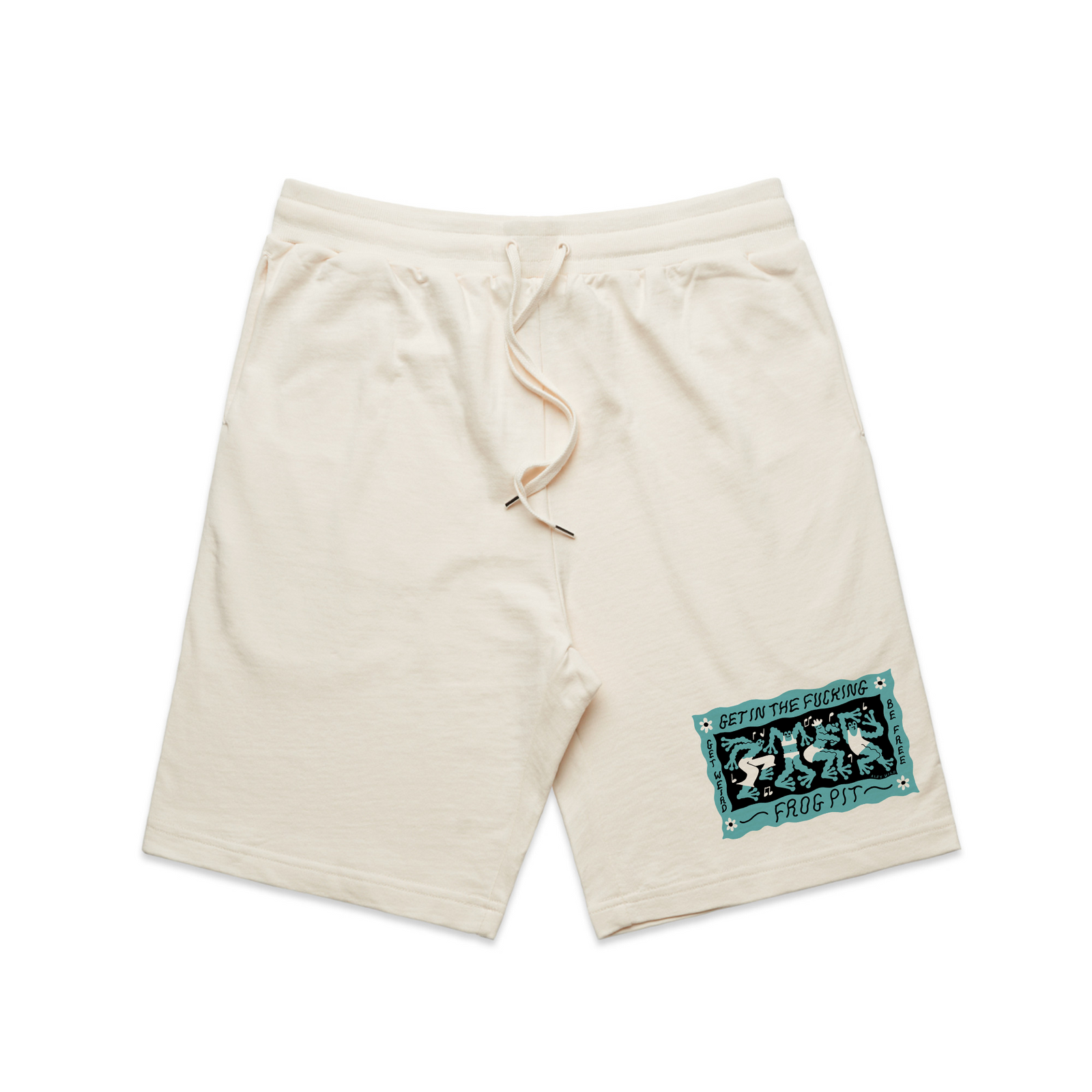 Ecru regular heavy shorts with Frog Pit Shorts graphic by Lonely Kids Club