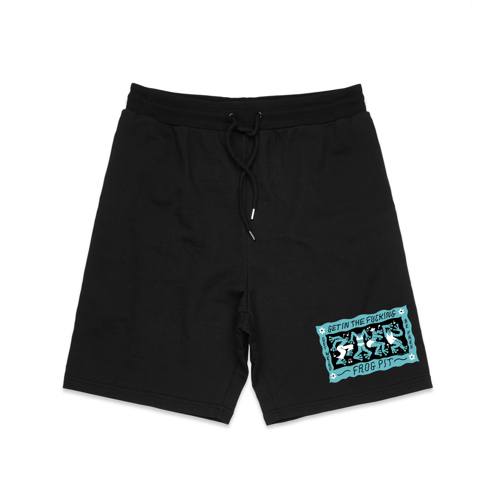 Black regular heavy shorts with Frog Pit Shorts graphic by Lonely Kids Club