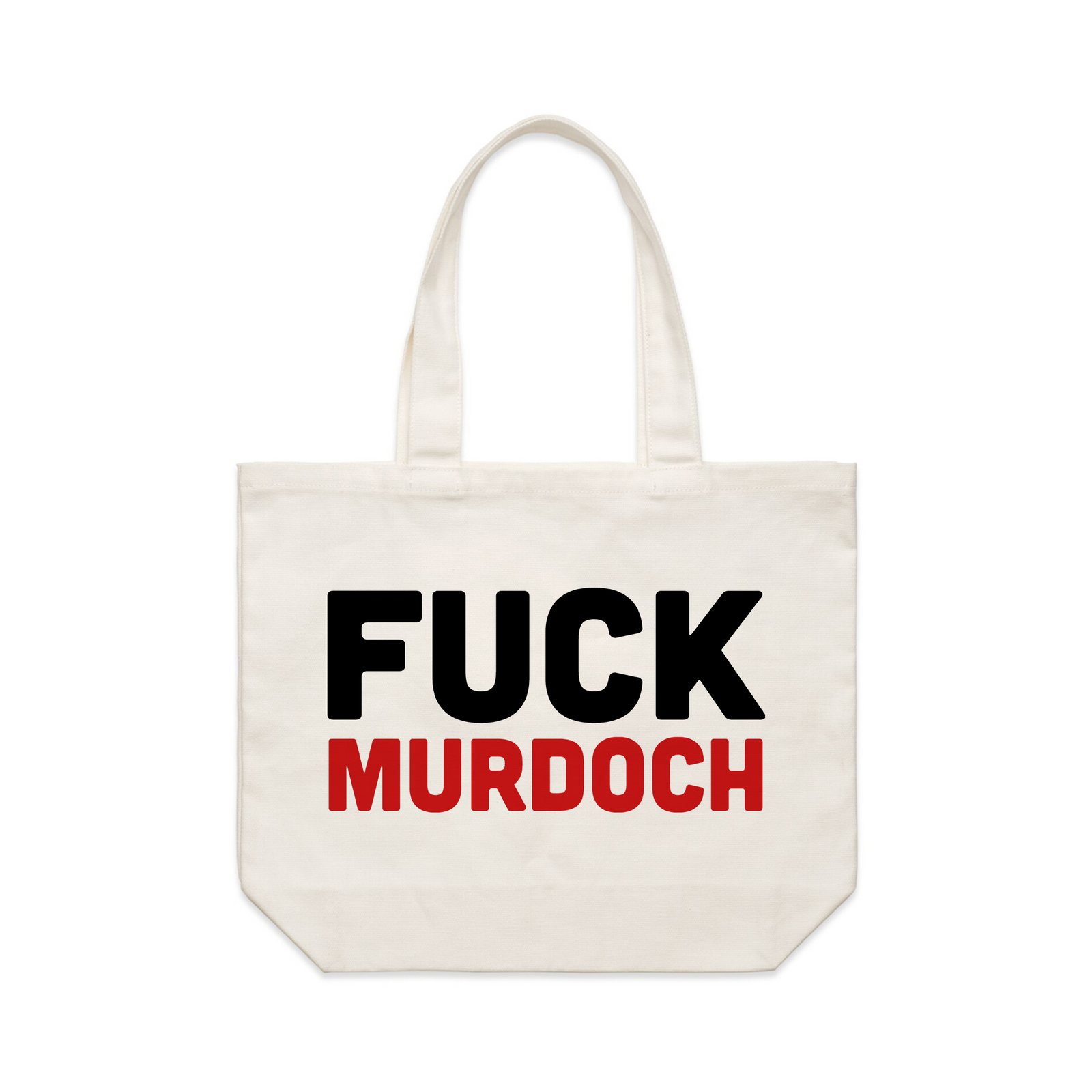 Cream shoulder tote with Fuck Murdoch Tote graphic by Lonely Kids Club