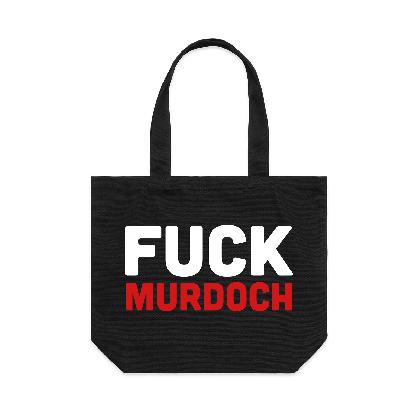 Black shoulder tote with Fuck Murdoch Tote graphic by Lonely Kids Club