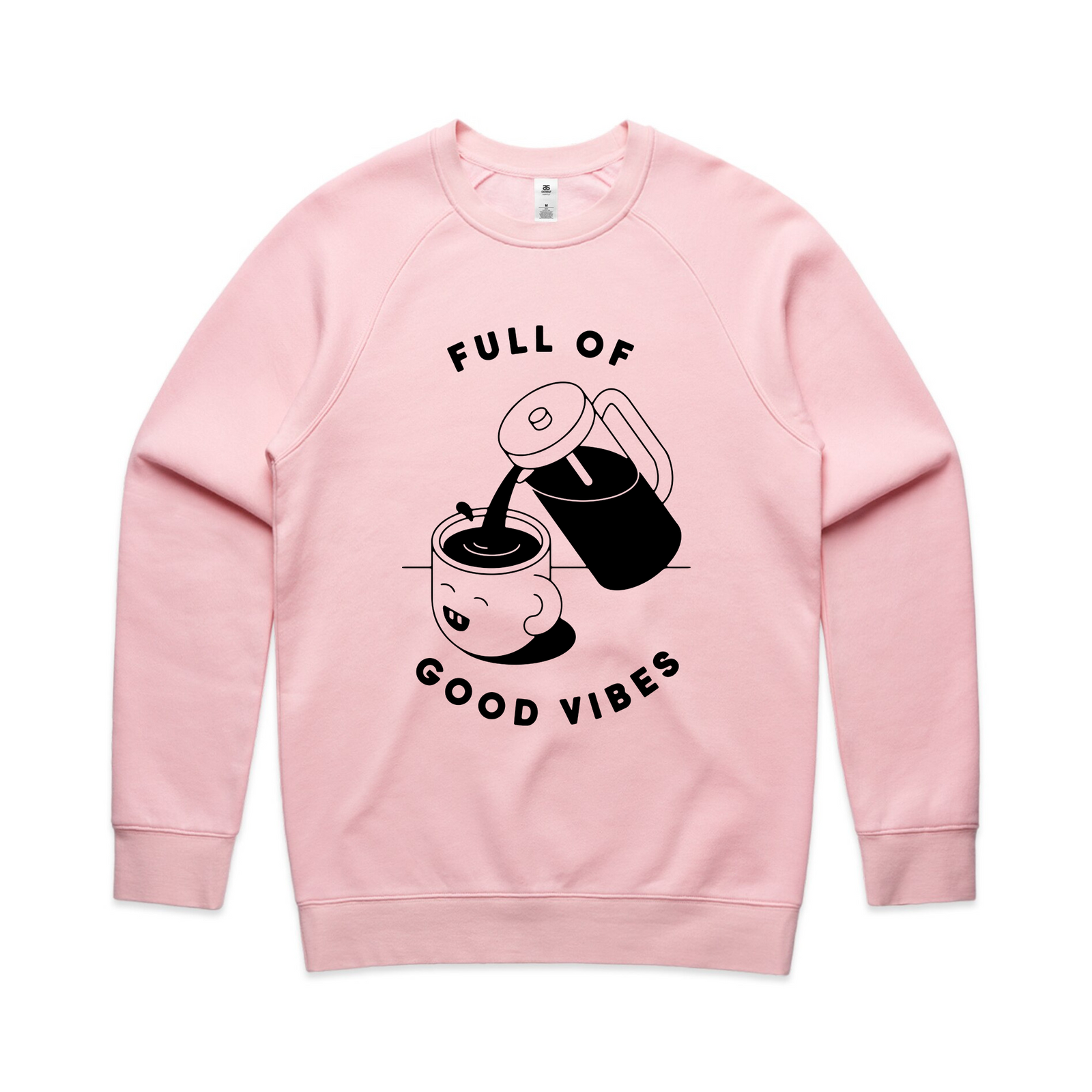Pink regular jumper with Full Of Good Vibes Jumper graphic by Lonely Kids Club