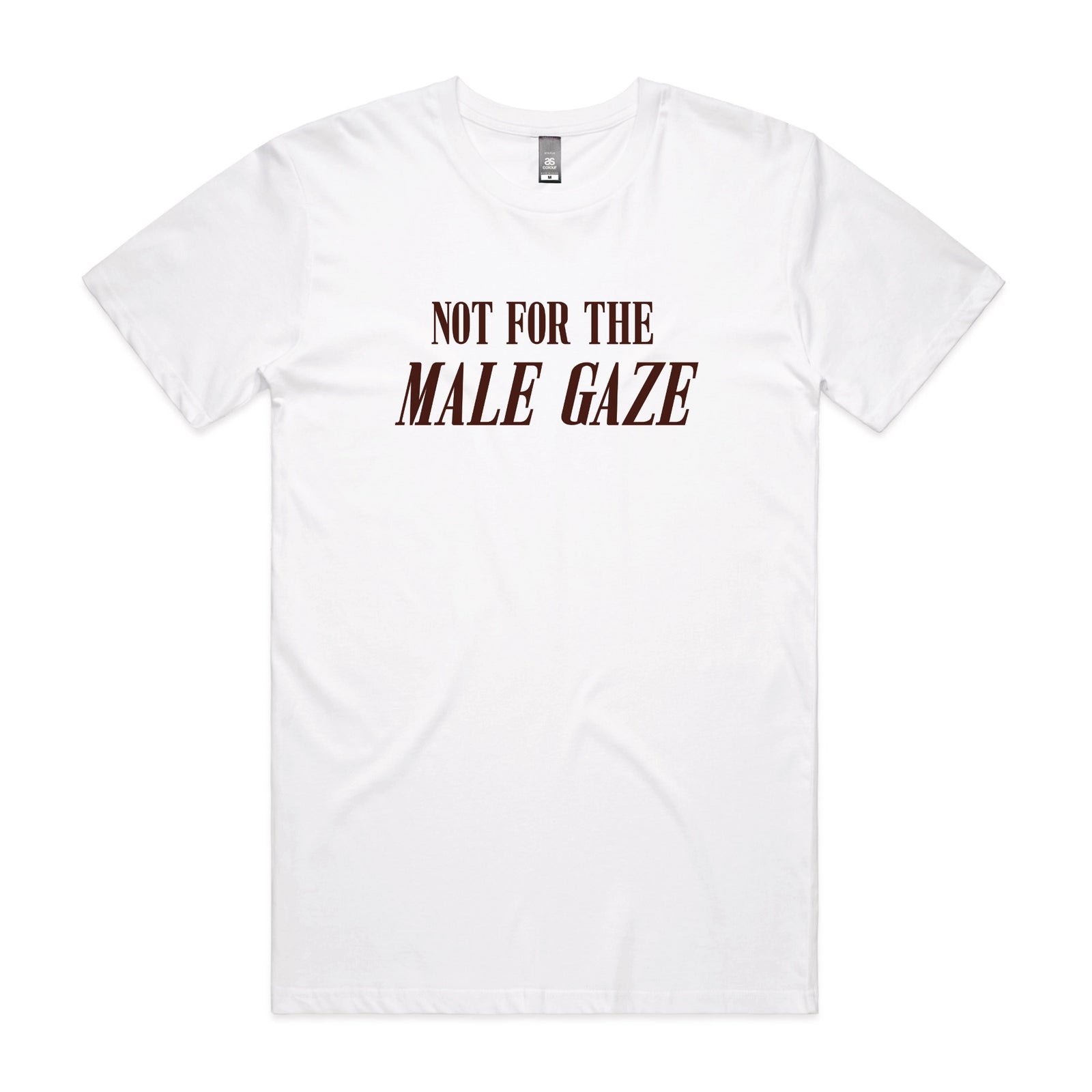 White unisex t-shirt with Male Gaze graphic by Lonely Kids Club