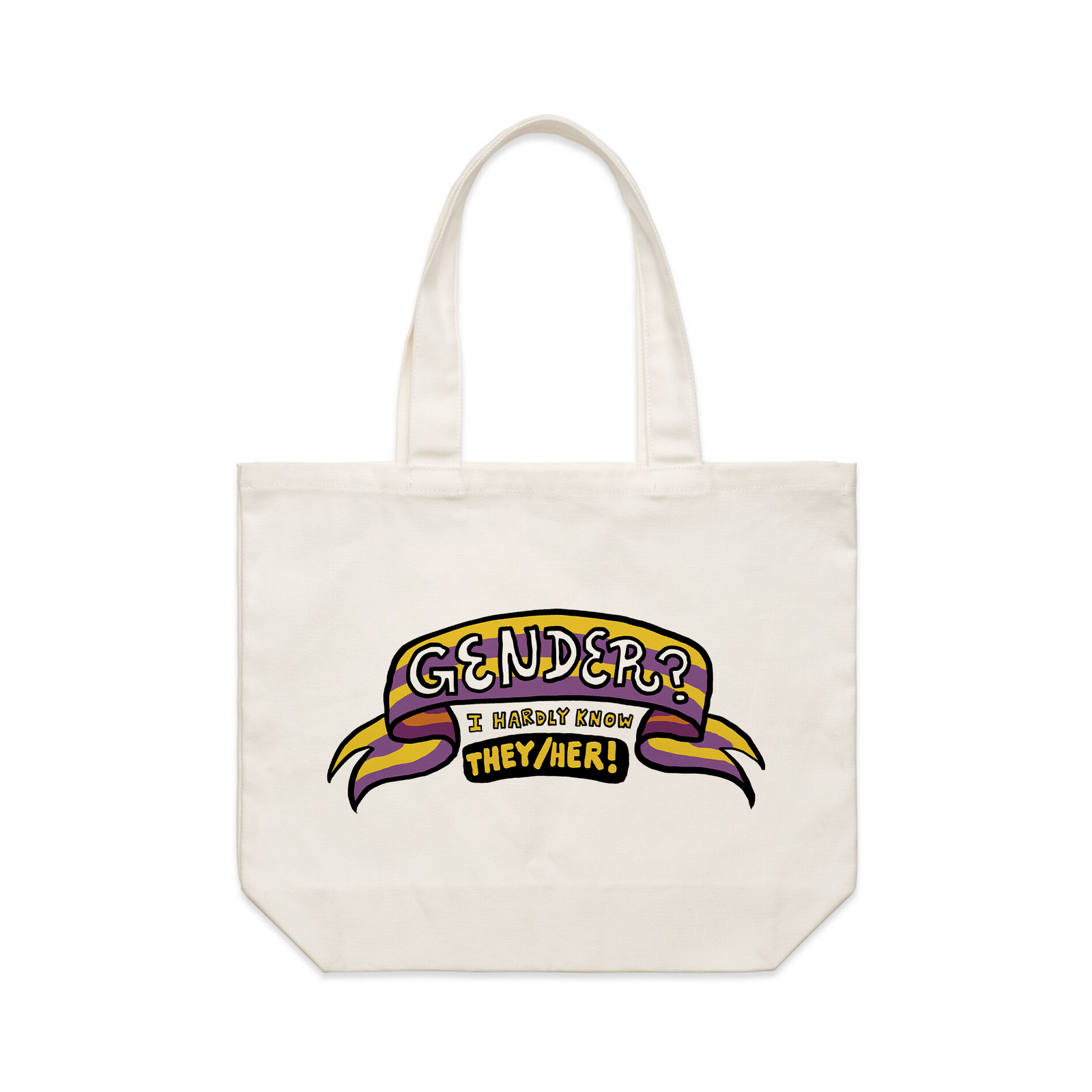 Cream shoulder tote with Gender? Tote graphic by Lonely Kids Club