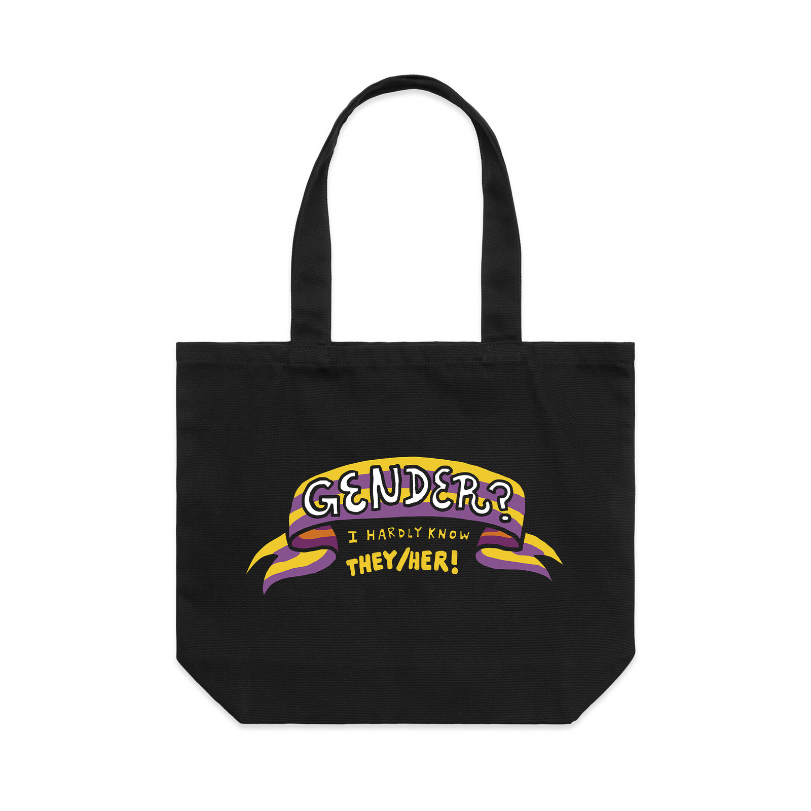 Black shoulder tote with Gender? Tote graphic by Lonely Kids Club