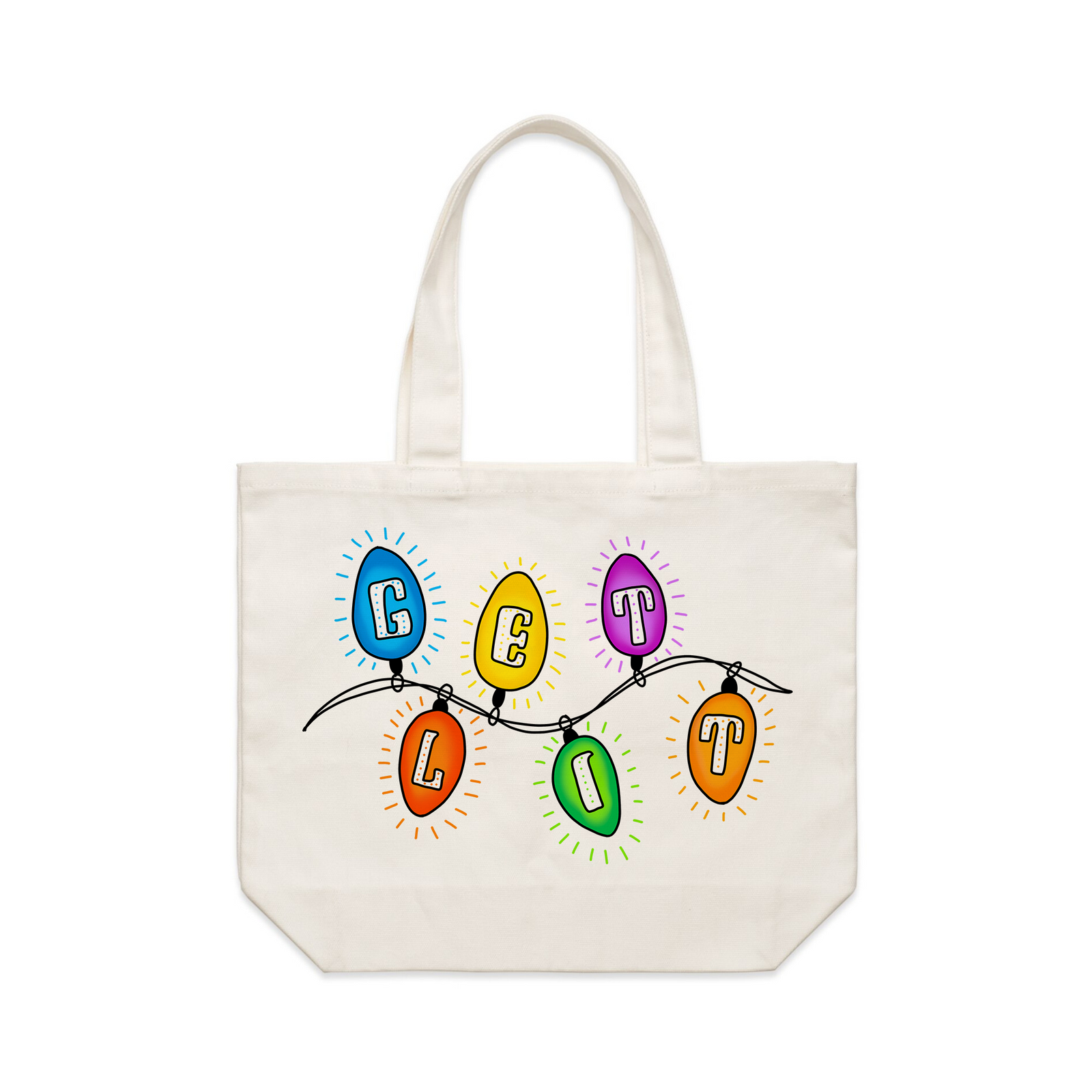 Cream shoulder tote with Get Lit Tote graphic by Lonely Kids Club