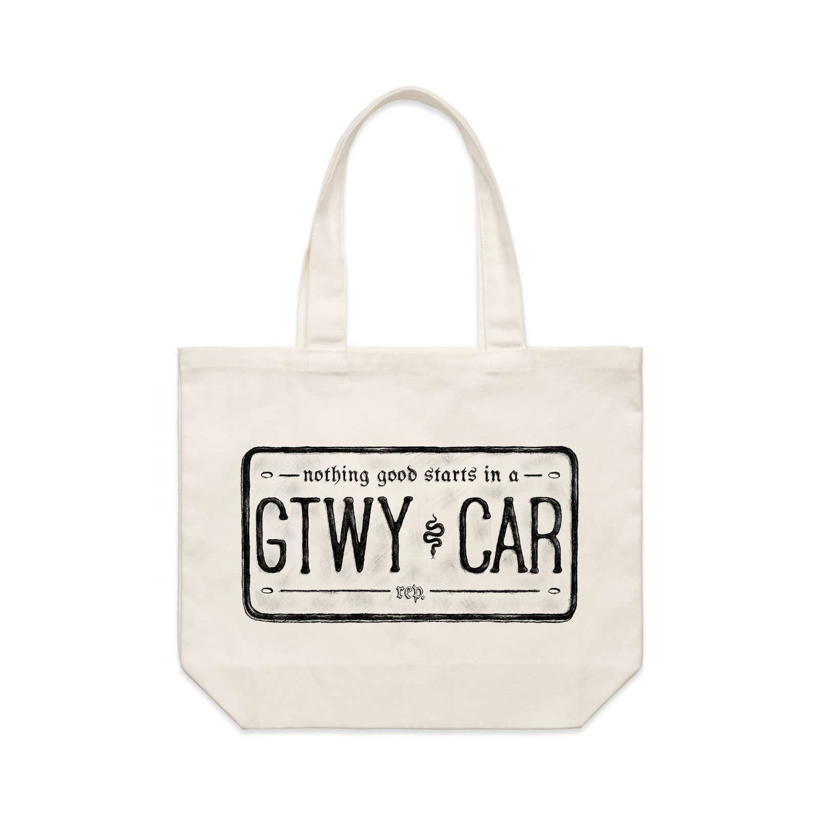 Cream shoulder tote with Getaway Car Tote graphic by Lonely Kids Club