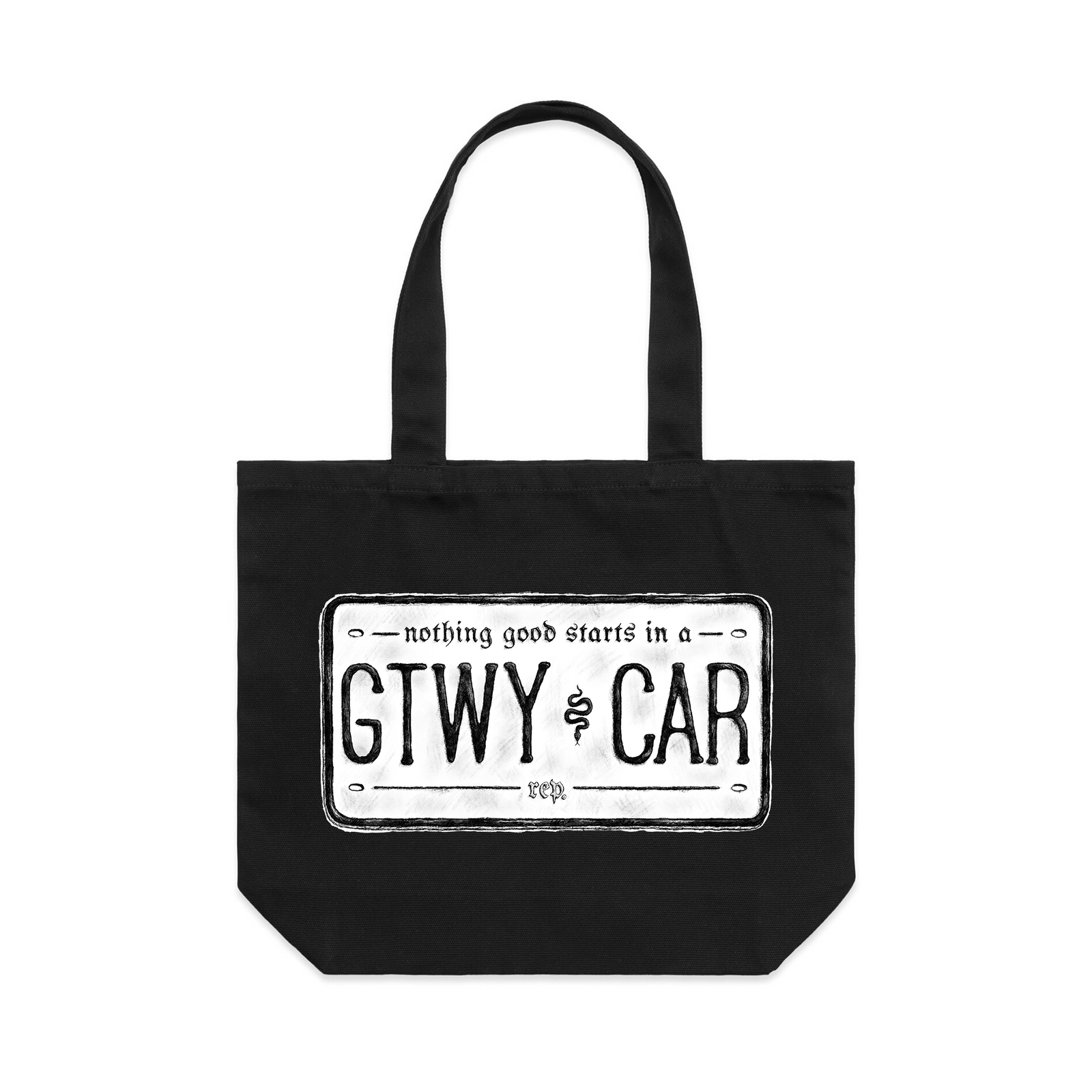 Black shoulder tote with Getaway Car Tote graphic by Lonely Kids Club