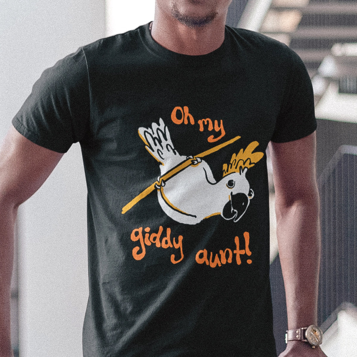 Black unisex t-shirt with Giddy Aunt graphic by Lonely Kids Club