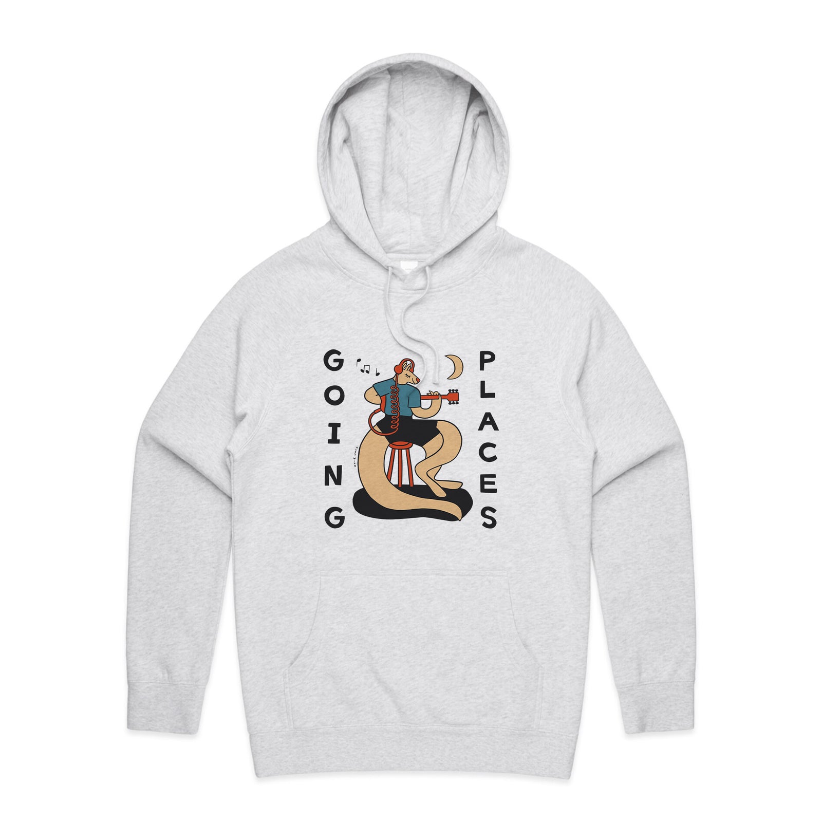 White Marle regular hoodie with Going Places Hoodie graphic by Lonely Kids Club