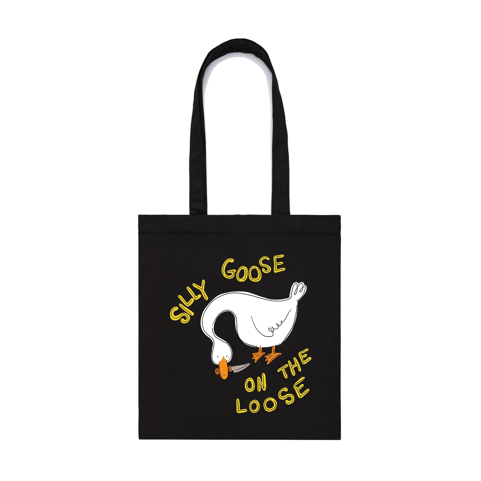 Black parcel tote with On The Loose Tote graphic by Lonely Kids Club