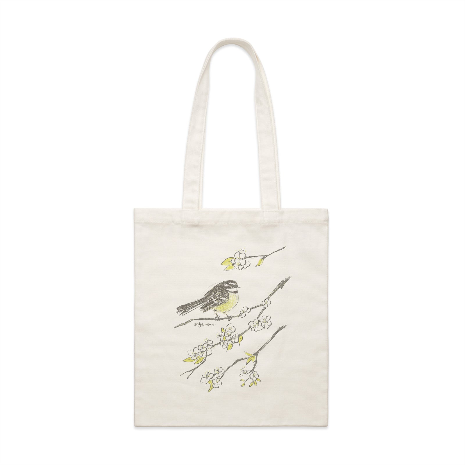 Cream parcel tote with Grey Fantail Tote graphic by Lonely Kids Club