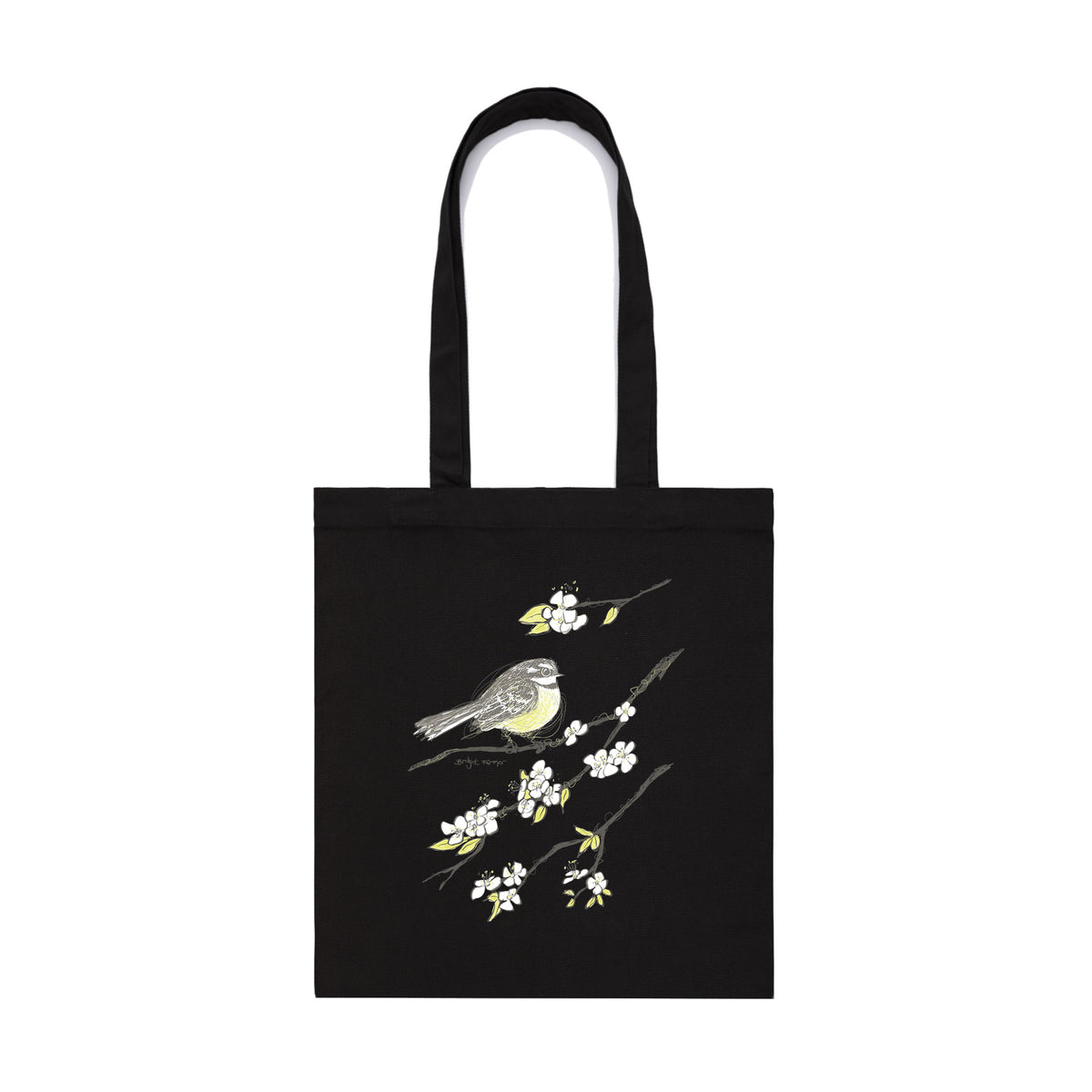 Black parcel tote with Grey Fantail Tote graphic by Lonely Kids Club