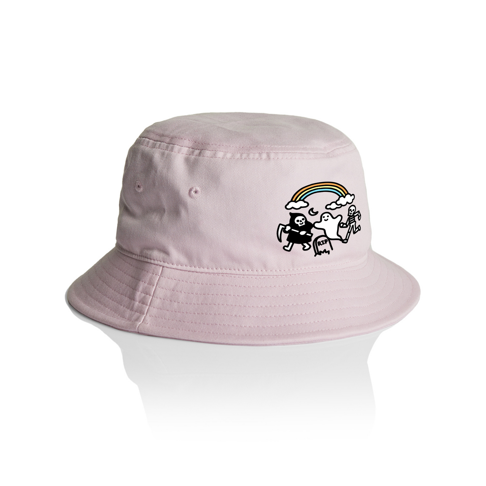 Orchid bucket hat with Grim Ghost Skeleton Bucket Hat graphic by Lonely Kids Club