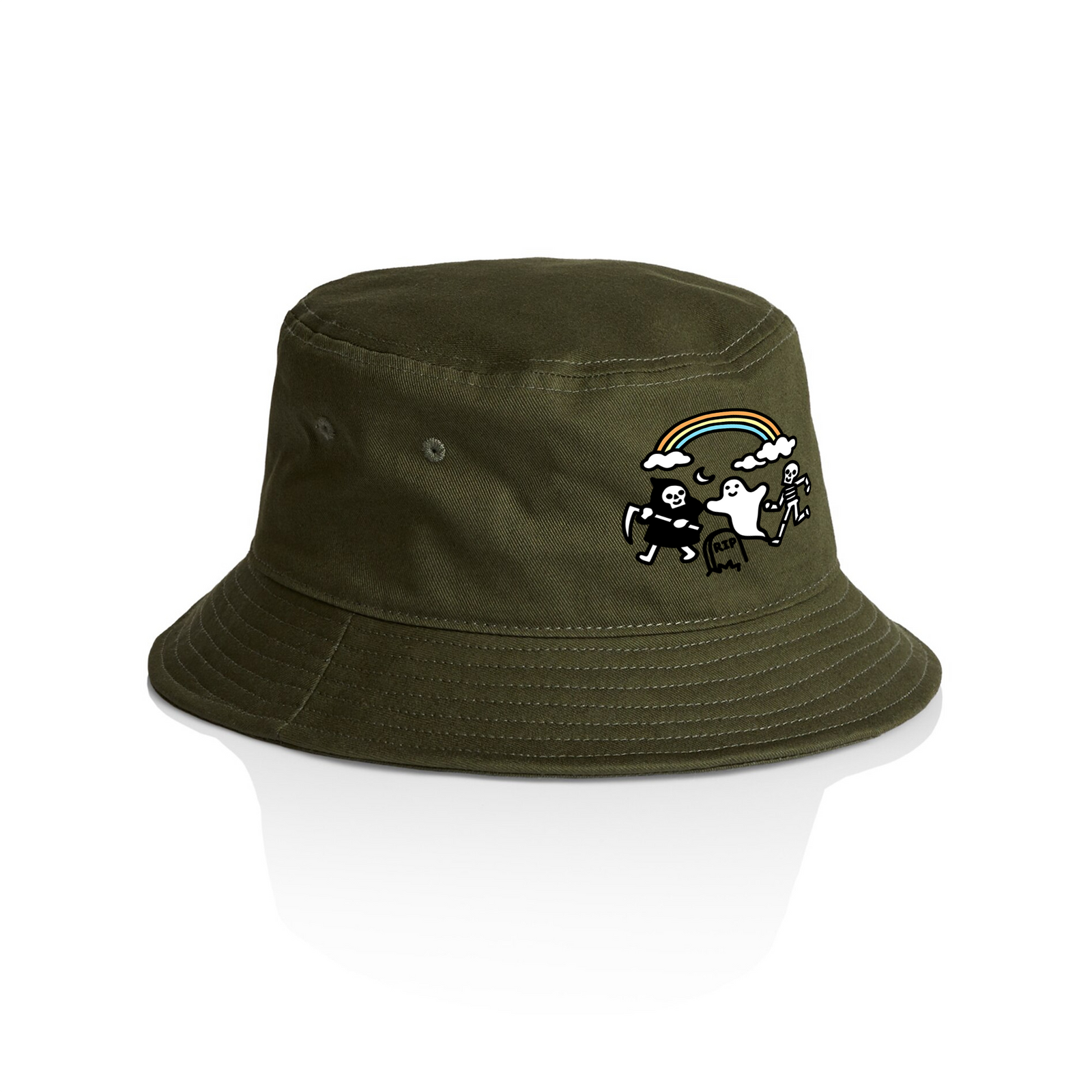 Army Green bucket hat with Grim Ghost Skeleton Bucket Hat graphic by Lonely Kids Club