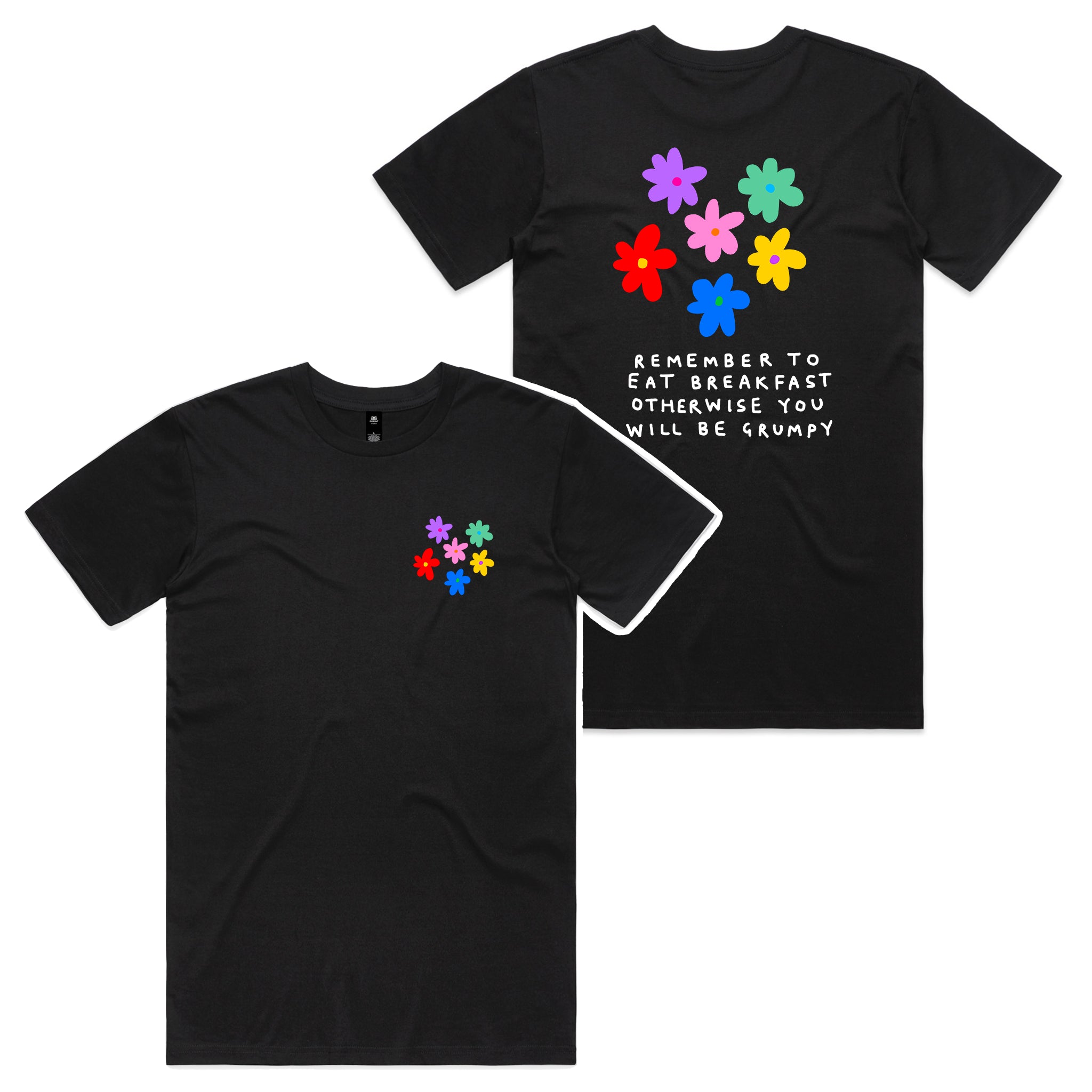 Black t-shirt with colorful flower designs and text on a white background