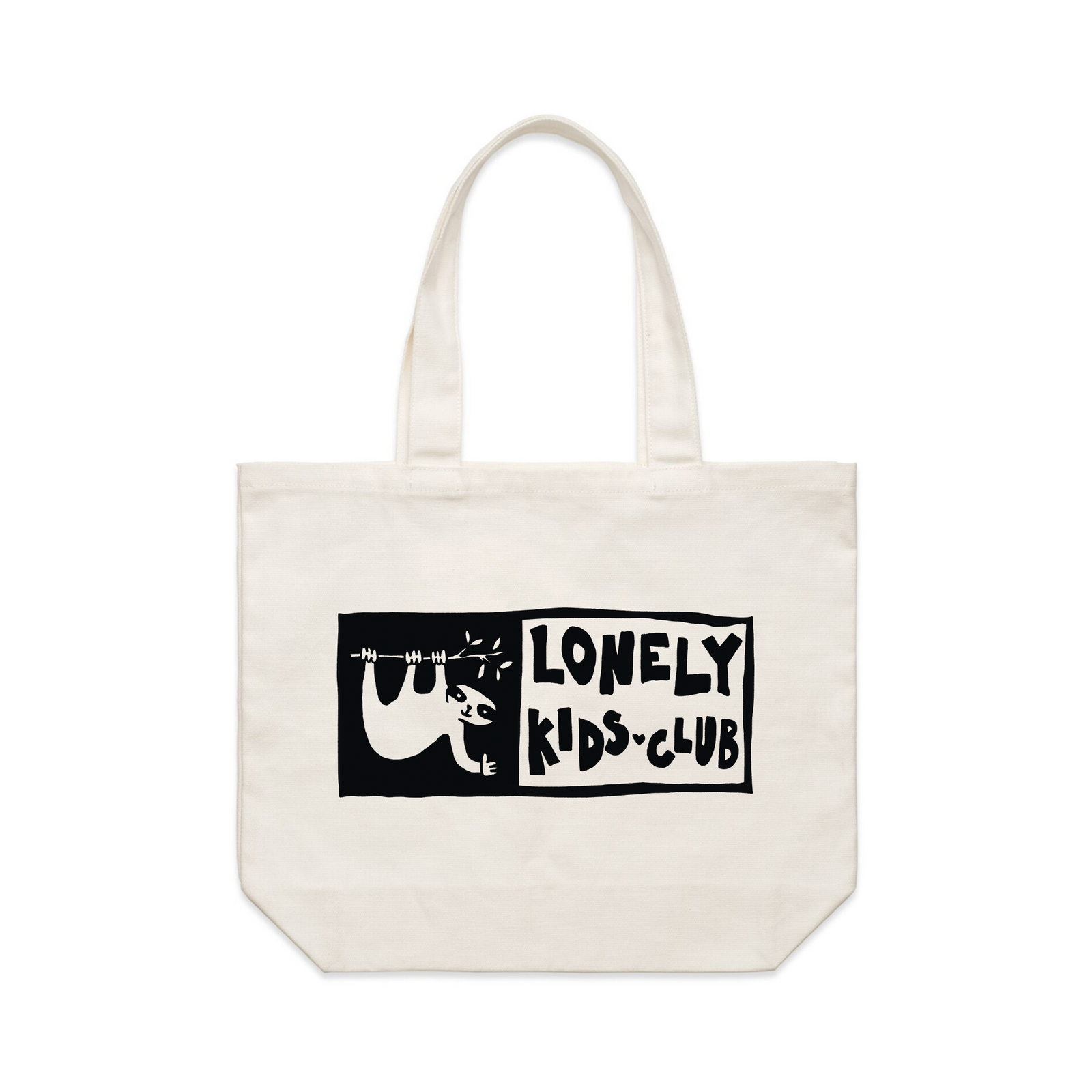 Cream shoulder tote with LKC Hanging Tote graphic by Lonely Kids Club