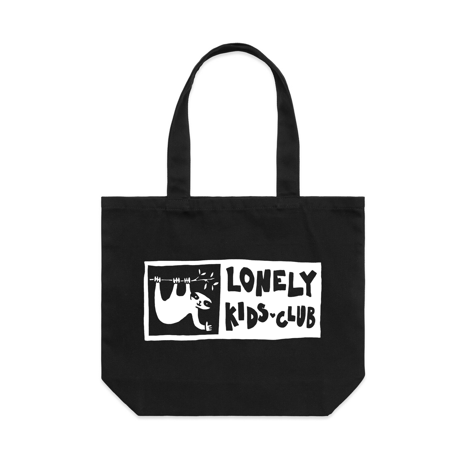 Black shoulder tote with LKC Hanging Tote graphic by Lonely Kids Club