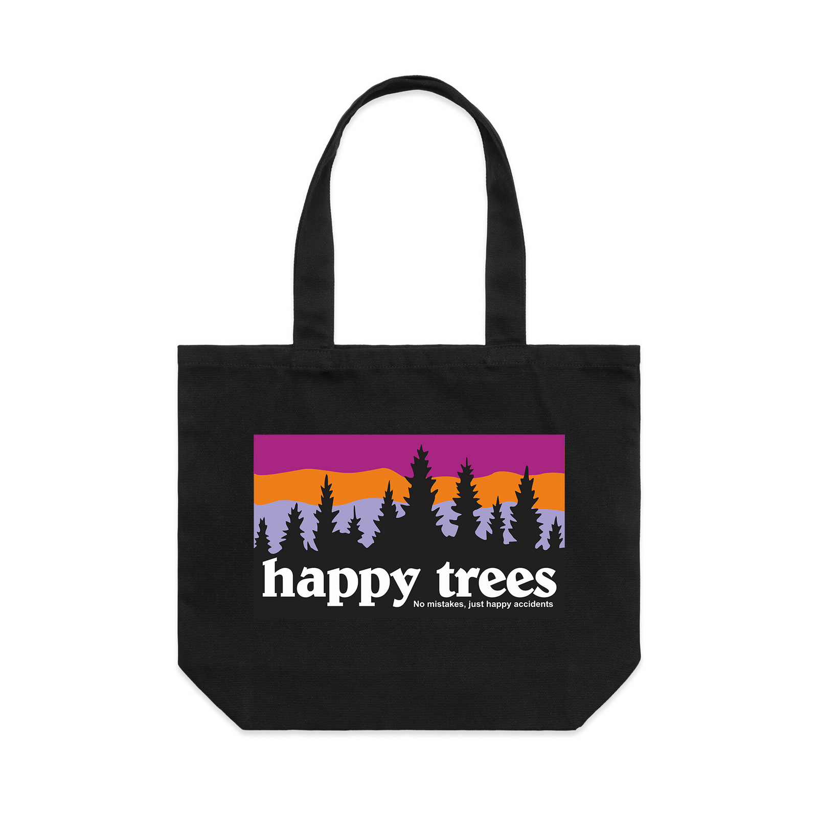 Black shoulder tote with Happy Trees Tote graphic by Lonely Kids Club