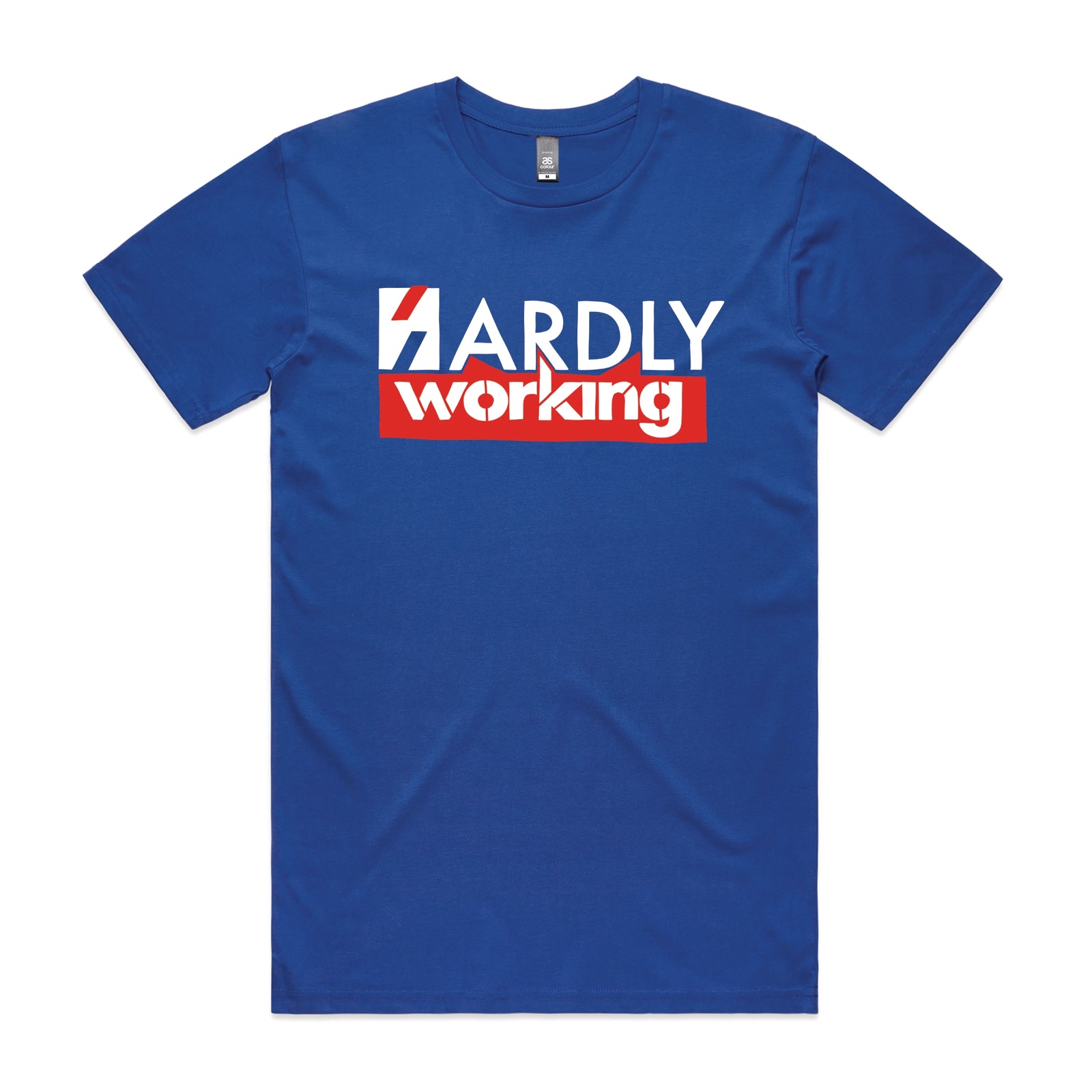 Royal Blue unisex t-shirt with Hardly Working graphic by Lonely Kids Club