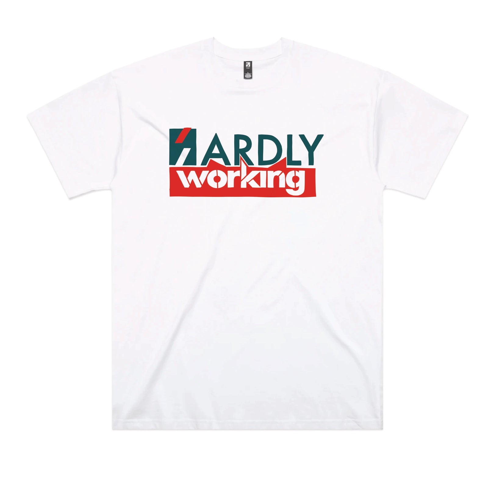 White oversized t-shirt with Hardly Working graphic by Lonely Kids Club