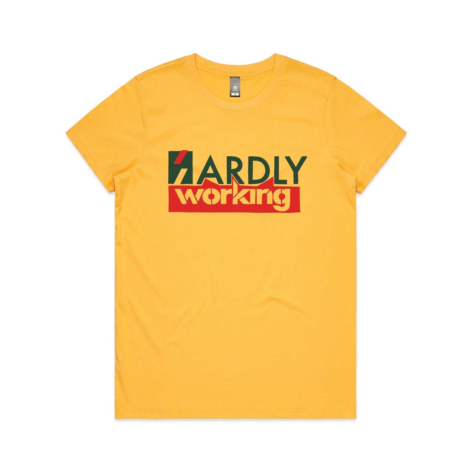 Yellow fitted womens t-shirt with Hardly Working graphic by Lonely Kids Club