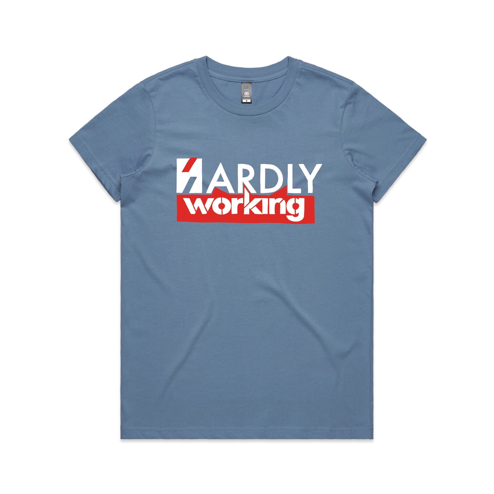 Carolina Blue fitted womens t-shirt with Hardly Working graphic by Lonely Kids Club