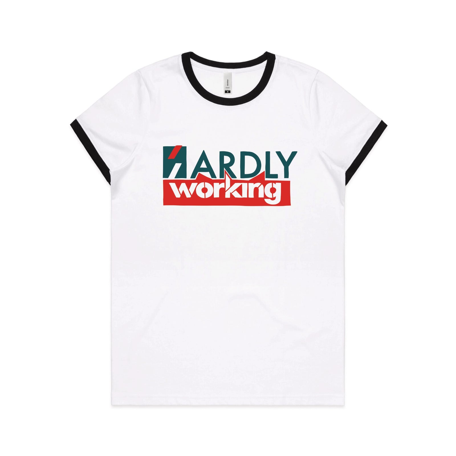 Black/White Ringer fitted womens t-shirt with Hardly Working graphic by Lonely Kids Club