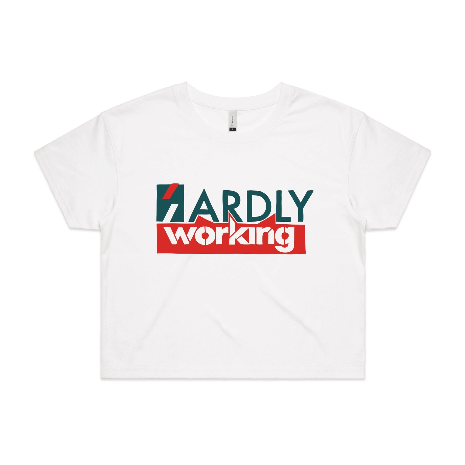 White crop top with Hardly Working graphic by Lonely Kids Club