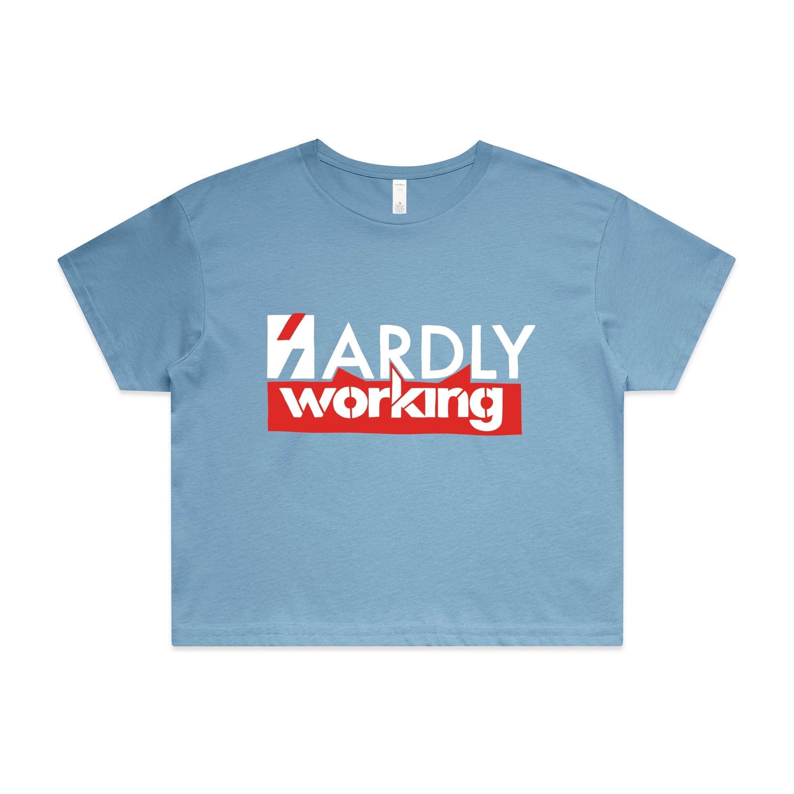 Carolina Blue crop top with Hardly Working graphic by Lonely Kids Club