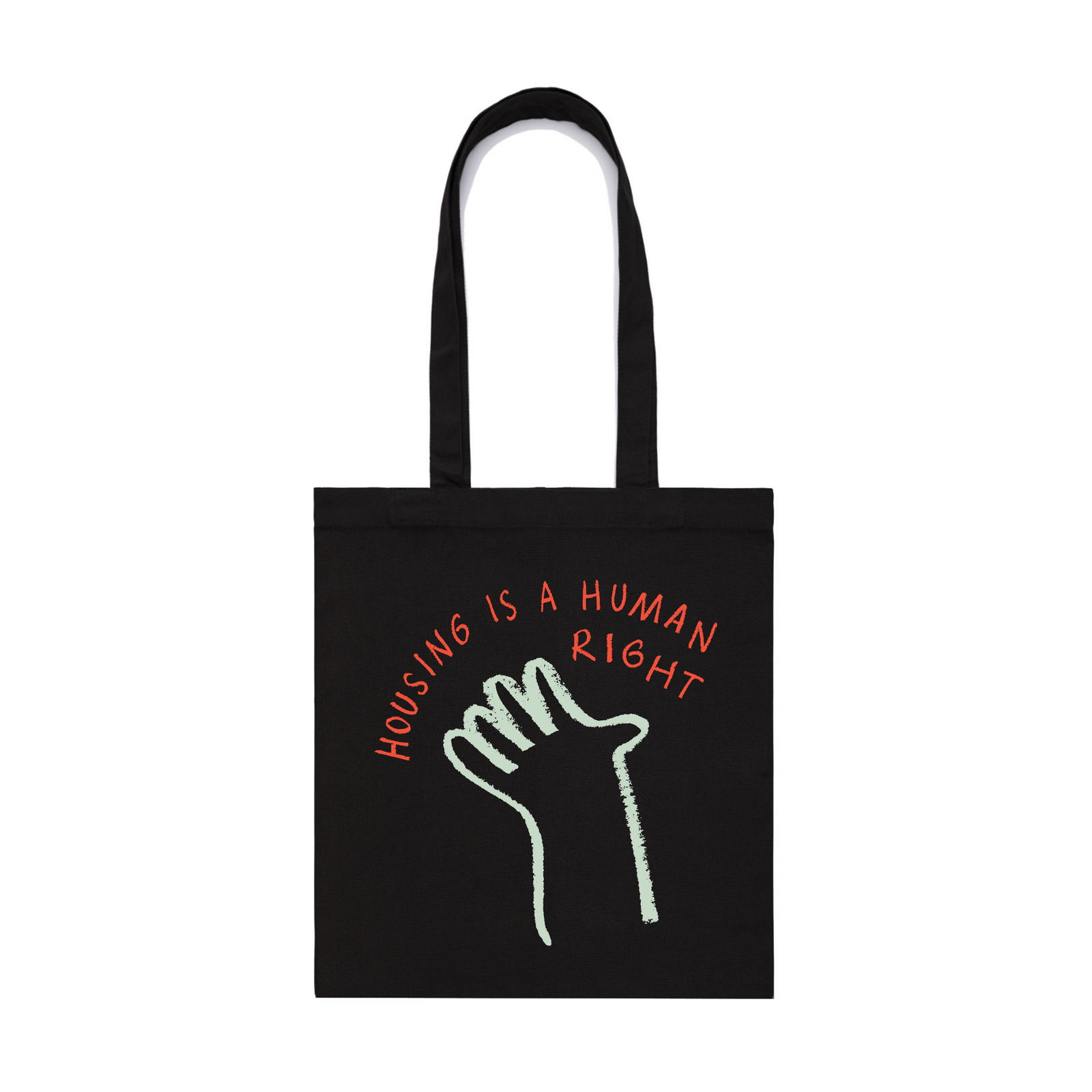 Black parcel tote with Housing Hand Tote graphic by Lonely Kids Club