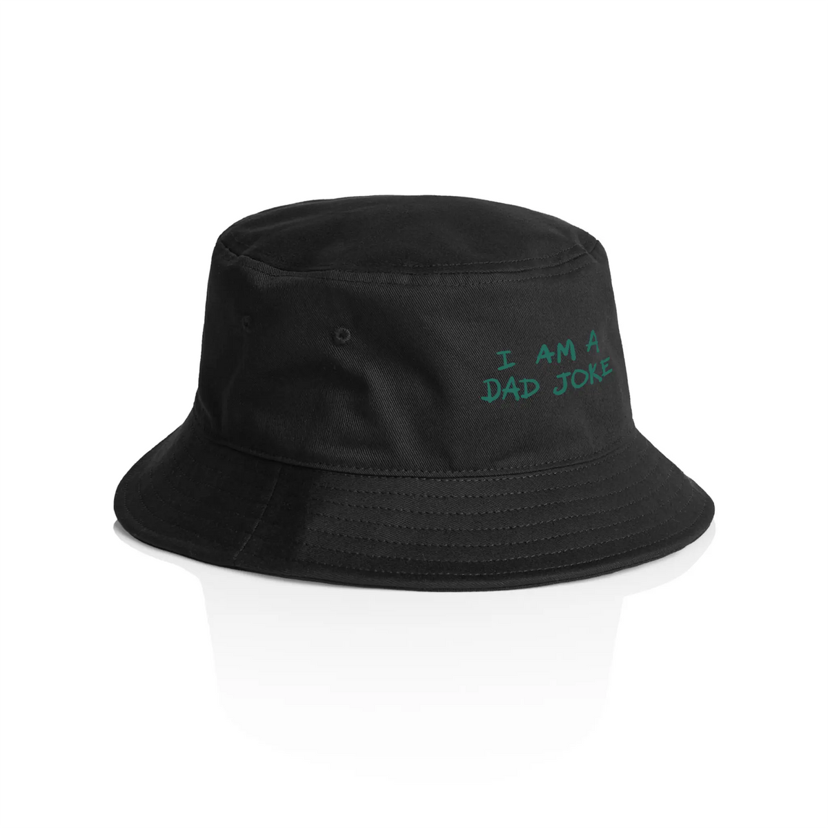 Black bucket hat with I Am A Dad Joke Bucket Hat graphic by Lonely Kids Club