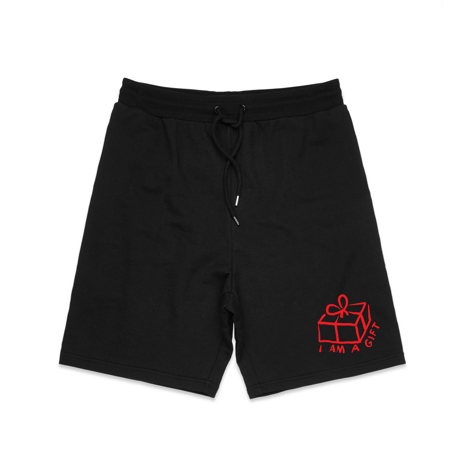 Black regular heavy shorts with I Am A Gift Shorts graphic by Lonely Kids Club