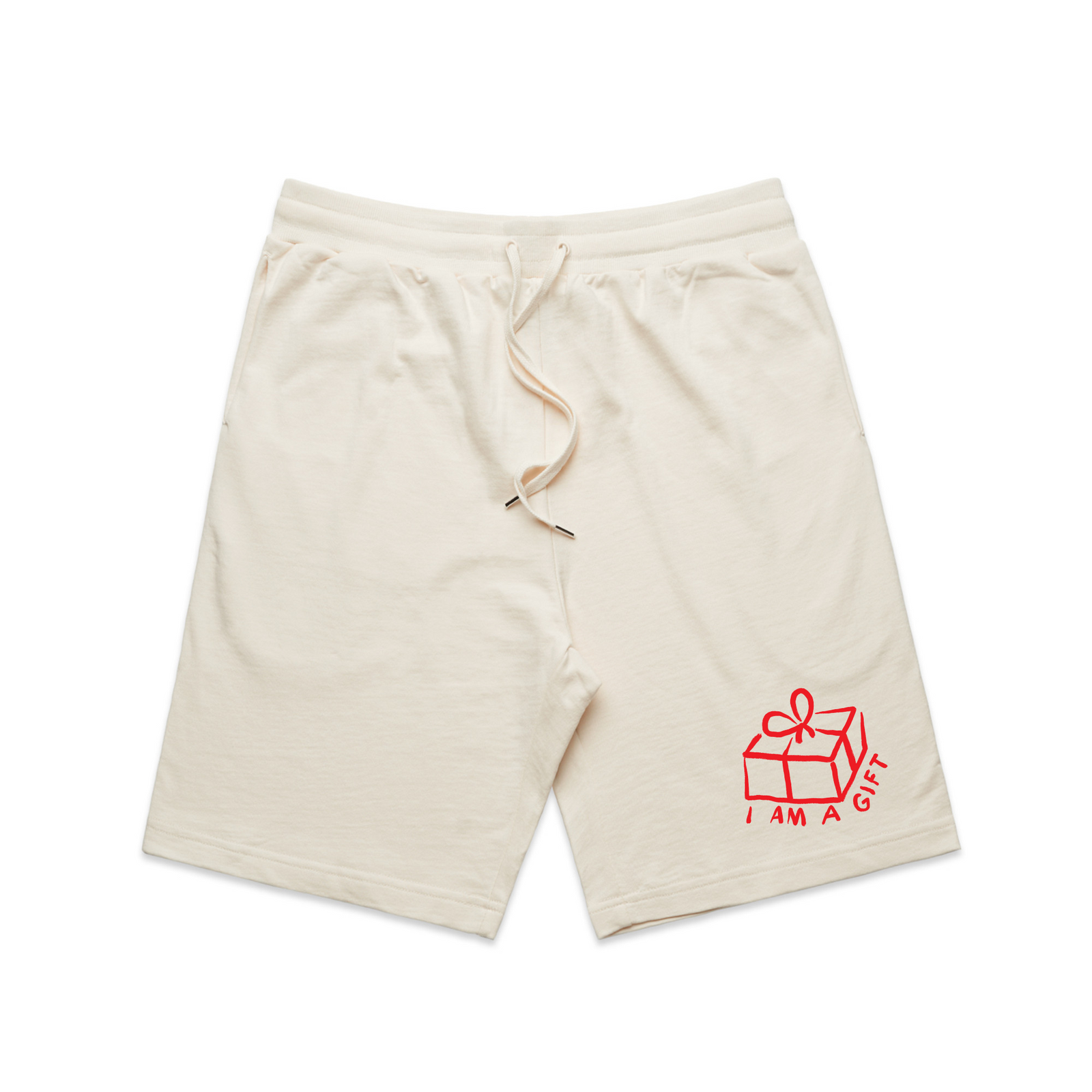 Ecru regular heavy shorts with I Am A Gift Shorts graphic by Lonely Kids Club
