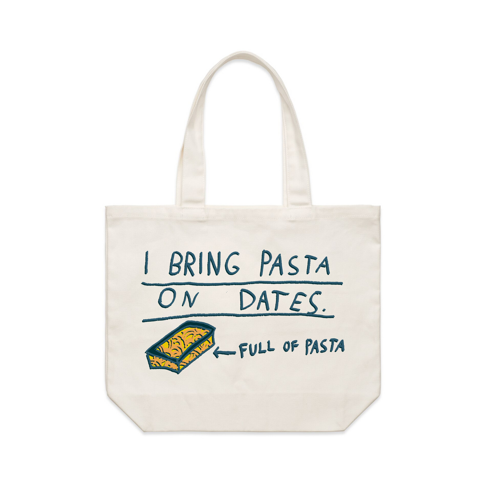 Cream shoulder tote with I Bring Pasta Tote graphic by Lonely Kids Club