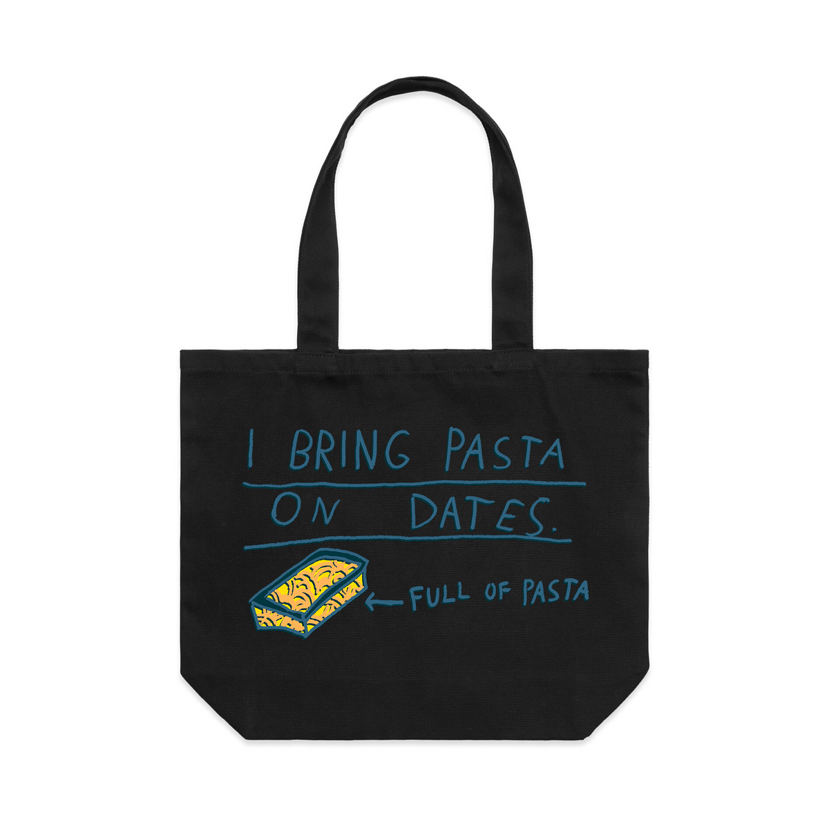 Black shoulder tote with I Bring Pasta Tote graphic by Lonely Kids Club
