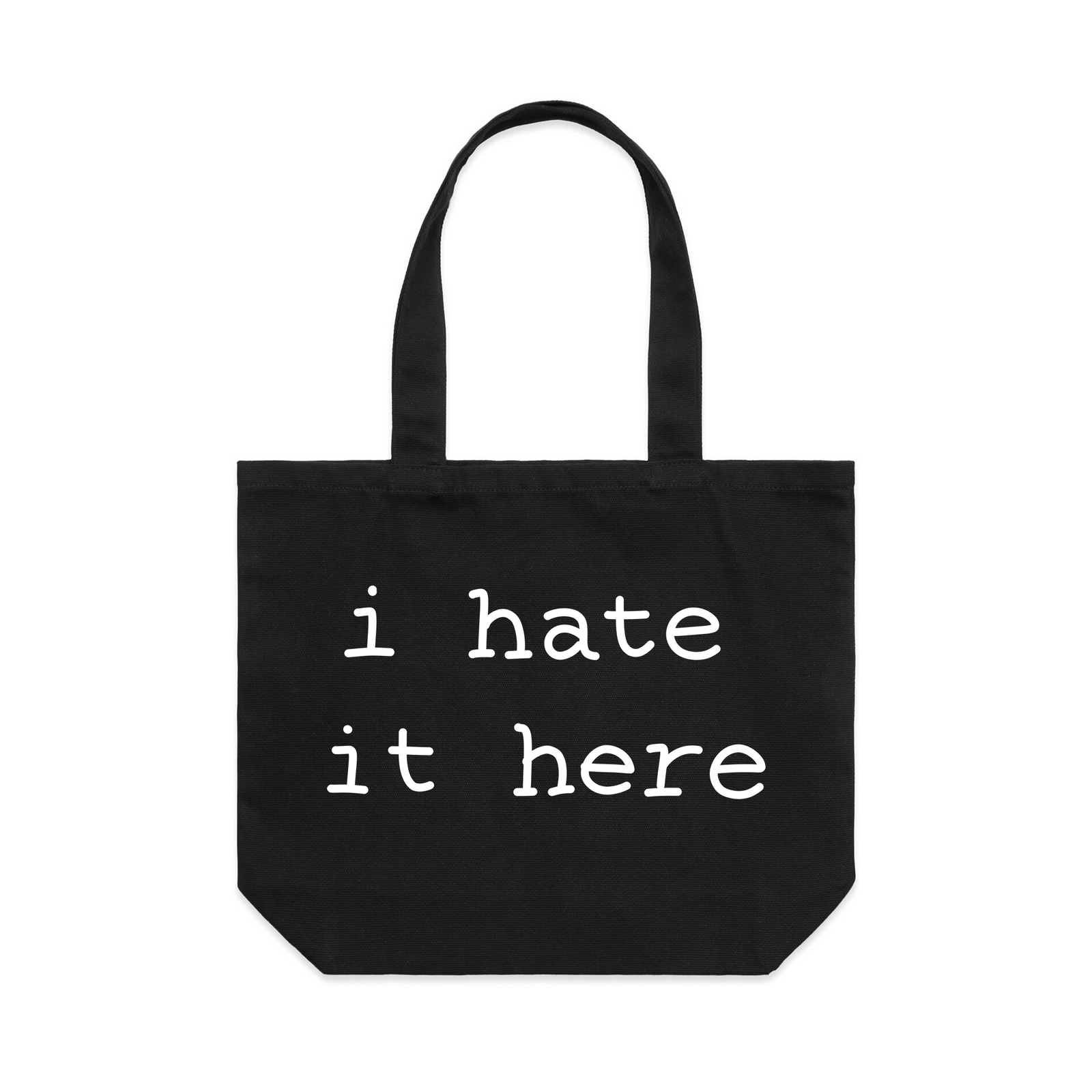 Black shoulder tote with I Hate It Here Tote graphic by Lonely Kids Club