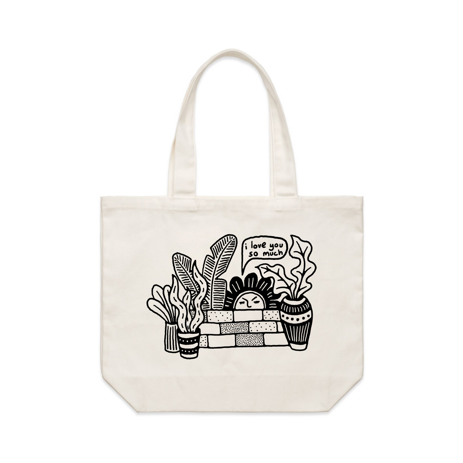 Cream shoulder tote with I Love You So Much Tote graphic by Lonely Kids Club
