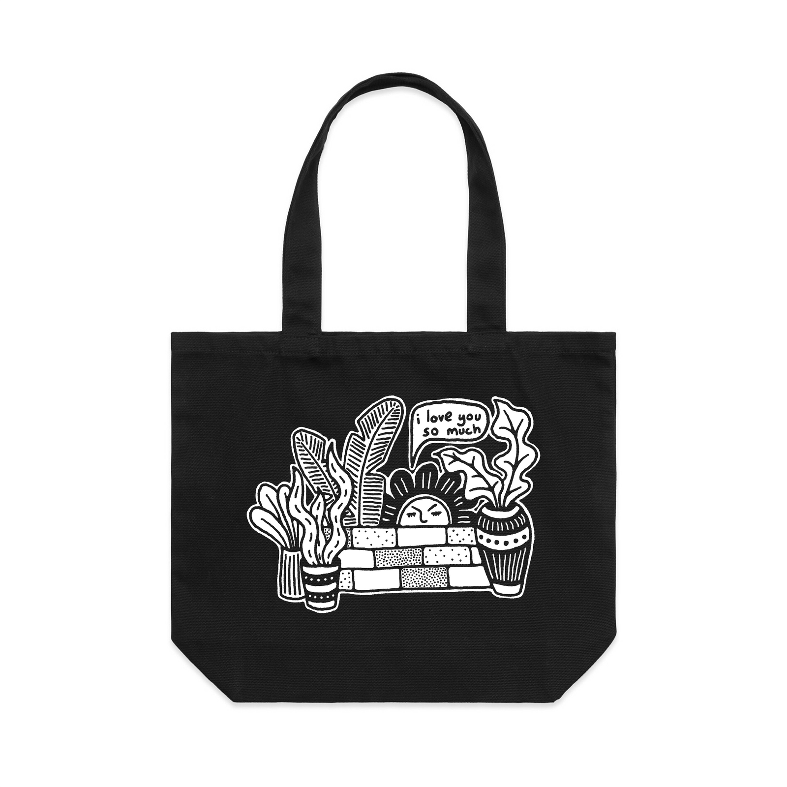 Black shoulder tote with I Love You So Much Tote graphic by Lonely Kids Club