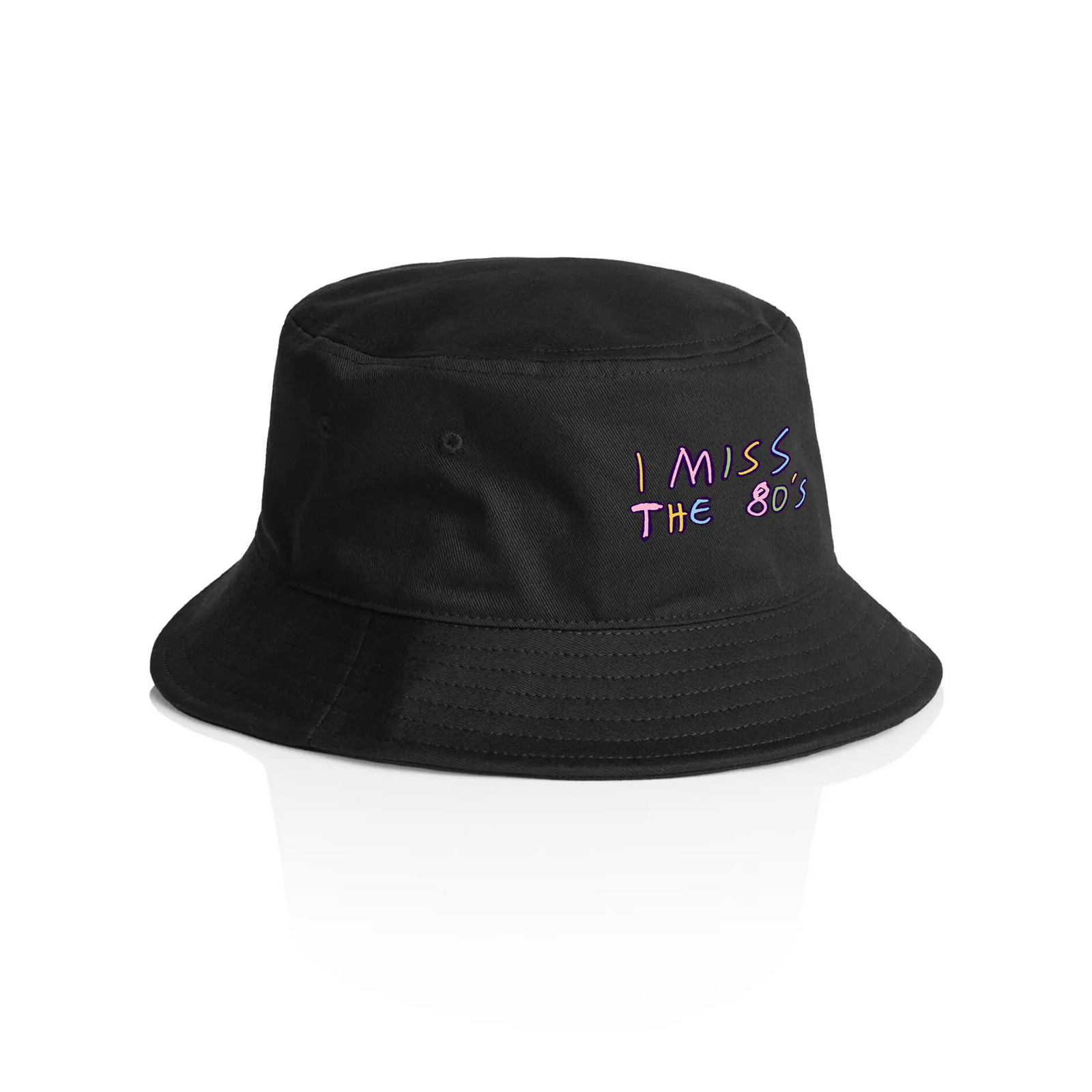 Black bucket hat with I Miss The 80s Bucket Hat graphic by Lonely Kids Club