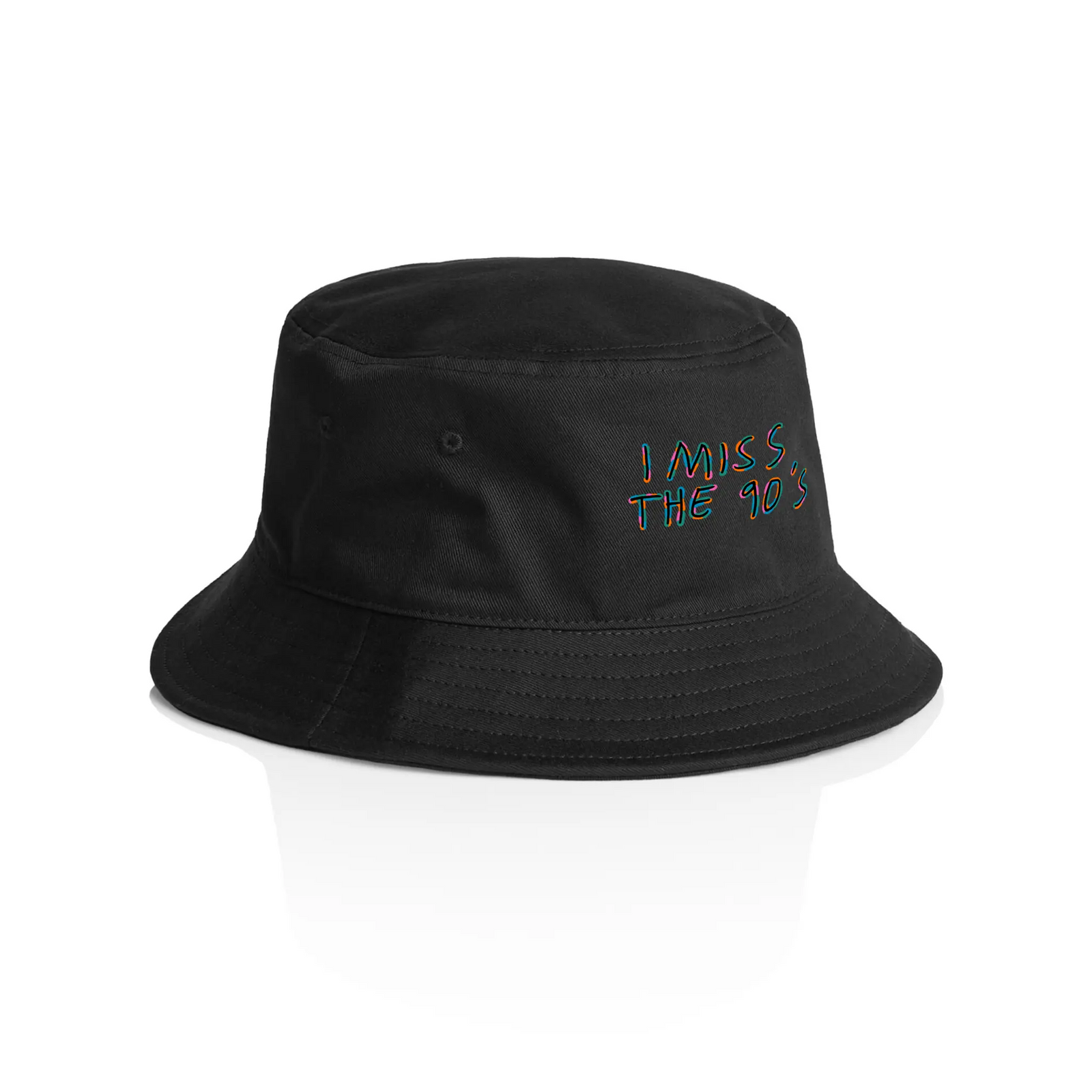 Black bucket hat with I Miss The 90s Bucket Hat graphic by Lonely Kids Club