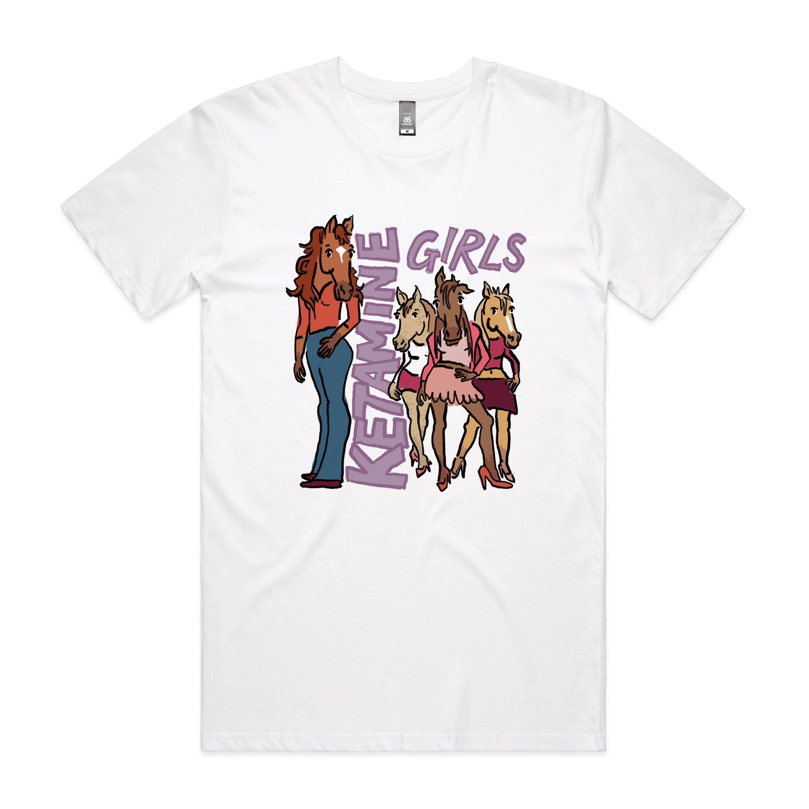 White unisex t-shirt with Ketamine Girls graphic by Lonely Kids Club