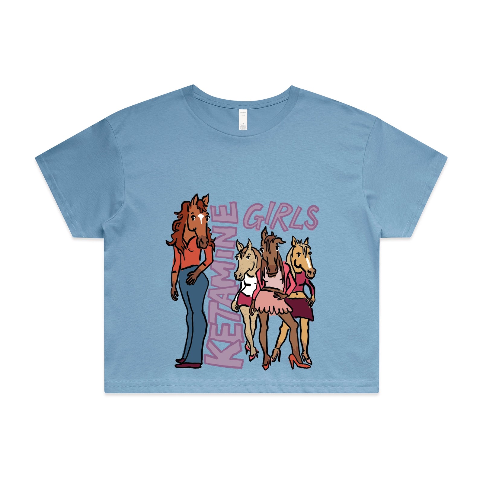 Carolina Blue crop top with Ketamine Girls graphic by Lonely Kids Club