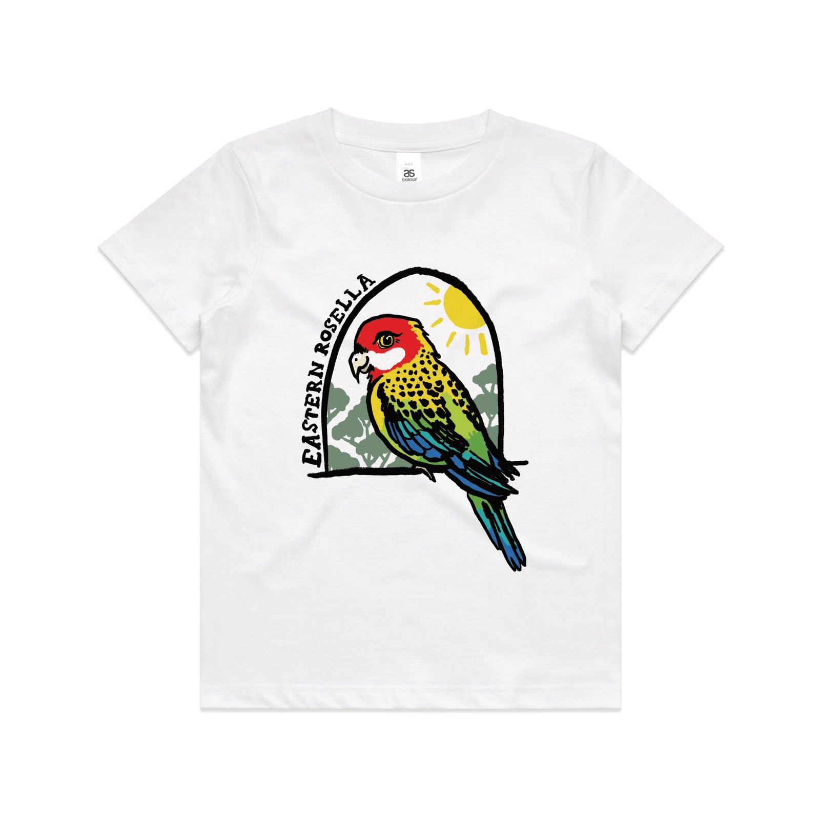 White kids t-shirt with Eastern Rosella Kids graphic by Lonely Kids Club