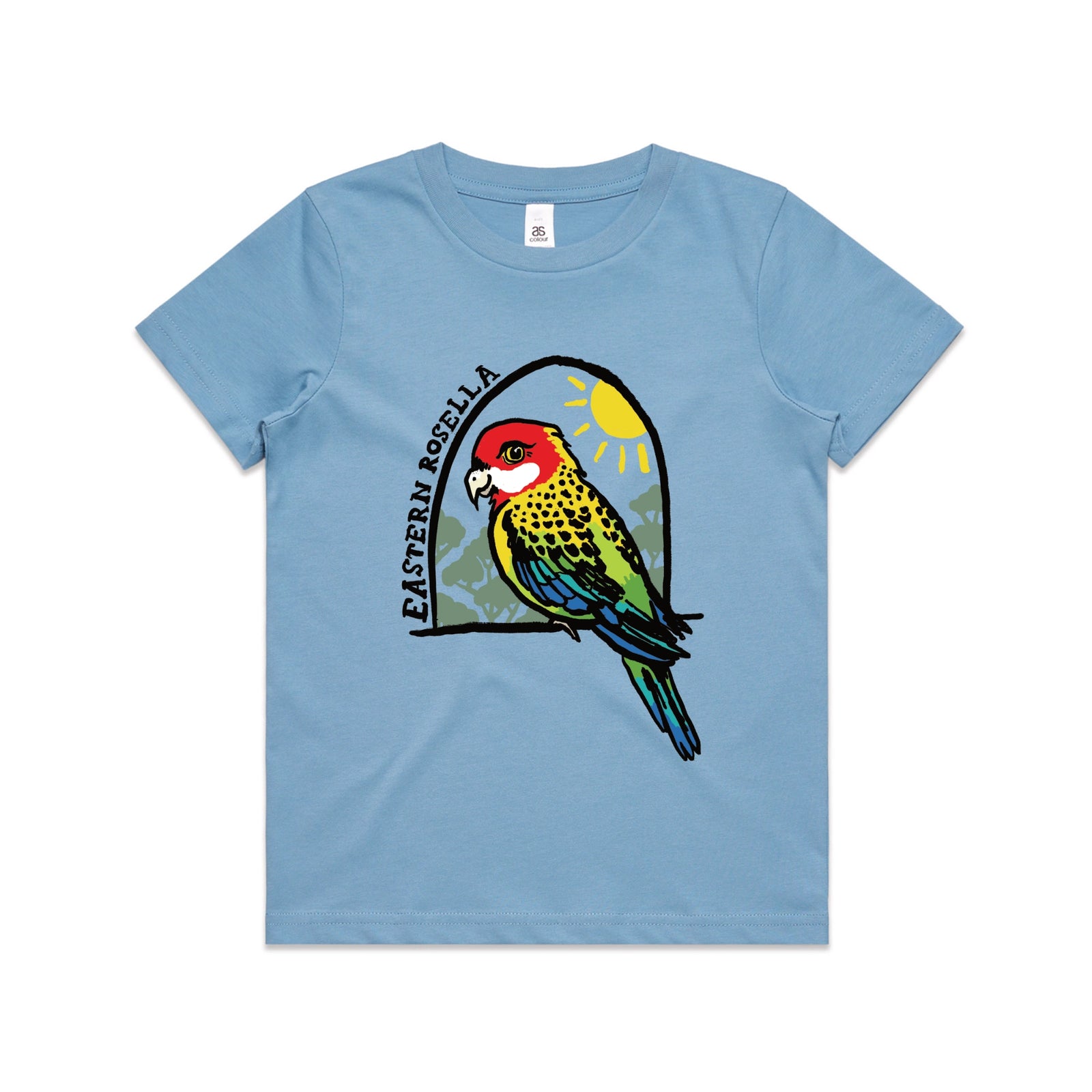 Carolina Blue kids t-shirt with Eastern Rosella Kids graphic by Lonely Kids Club