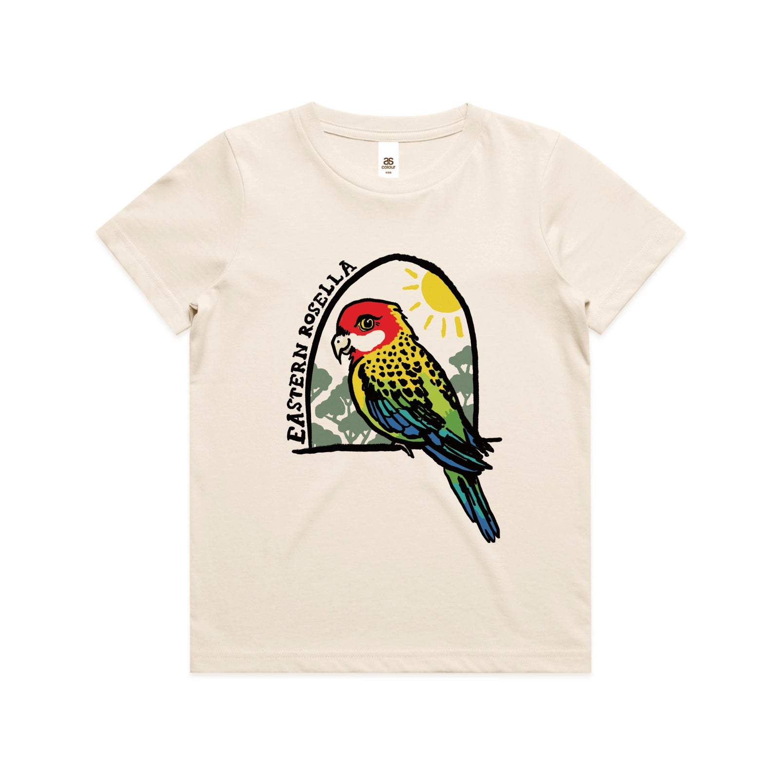 Ecru kids t-shirt with Eastern Rosella Kids graphic by Lonely Kids Club