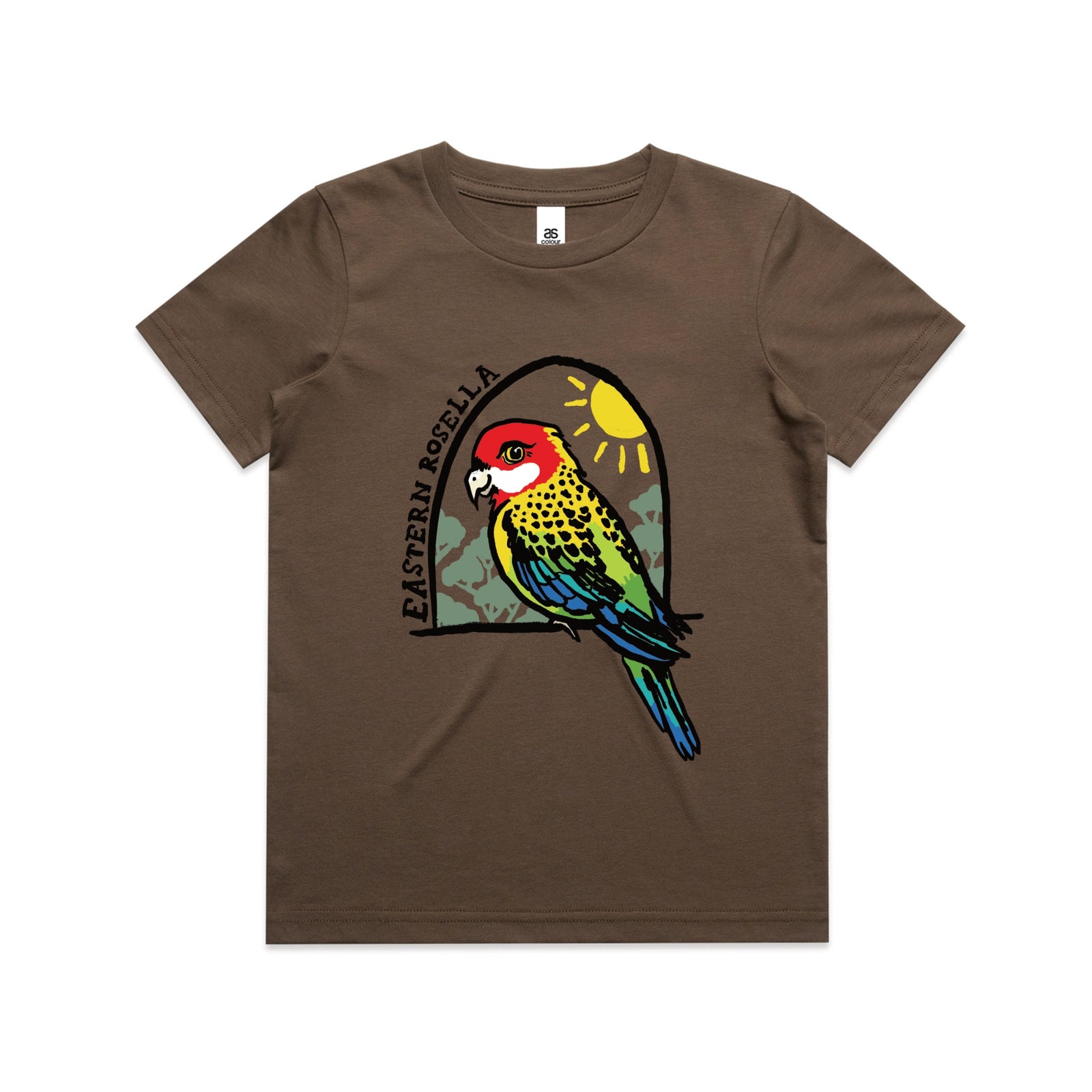 Walnut kids t-shirt with Eastern Rosella Kids graphic by Lonely Kids Club