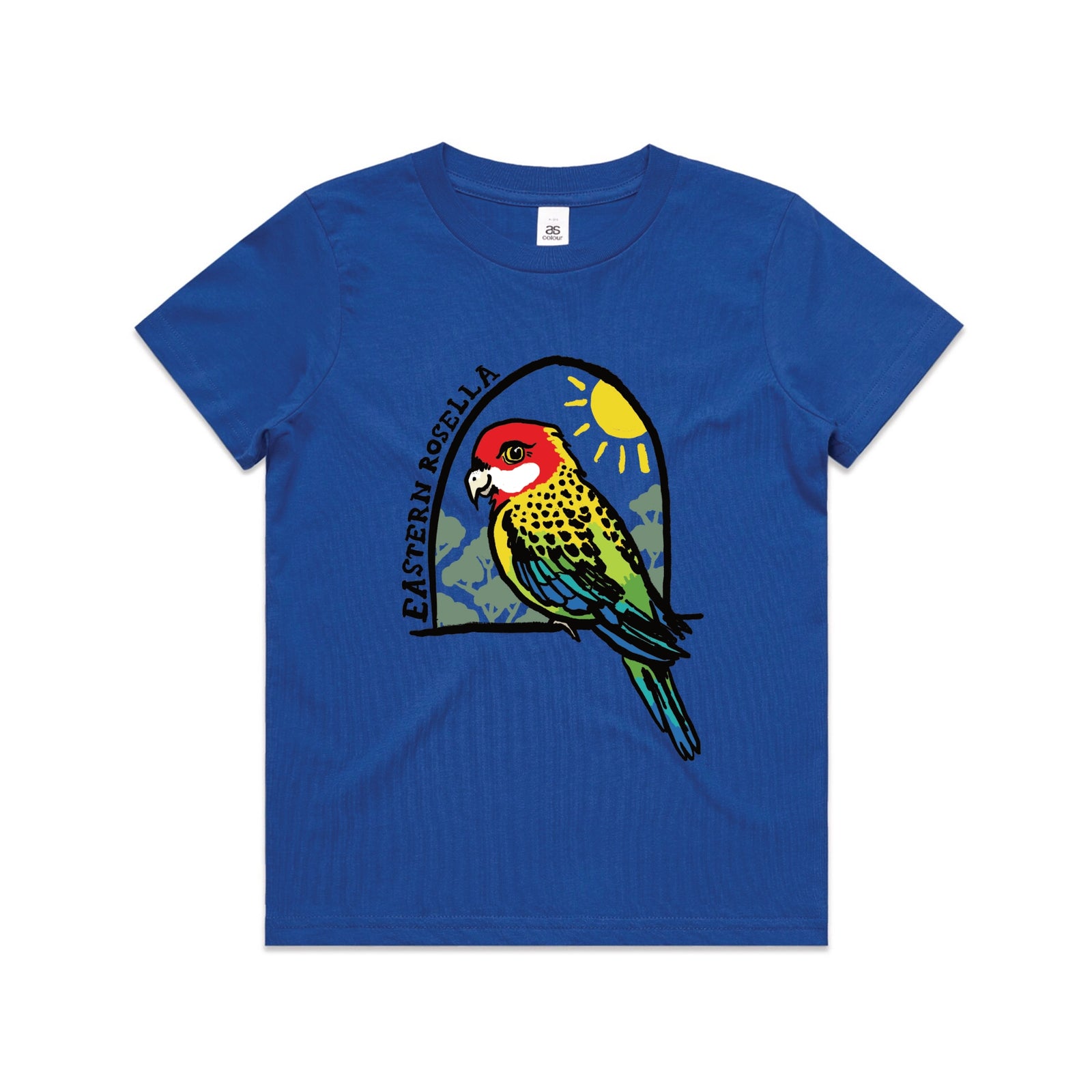 Royal Blue kids t-shirt with Eastern Rosella Kids graphic by Lonely Kids Club