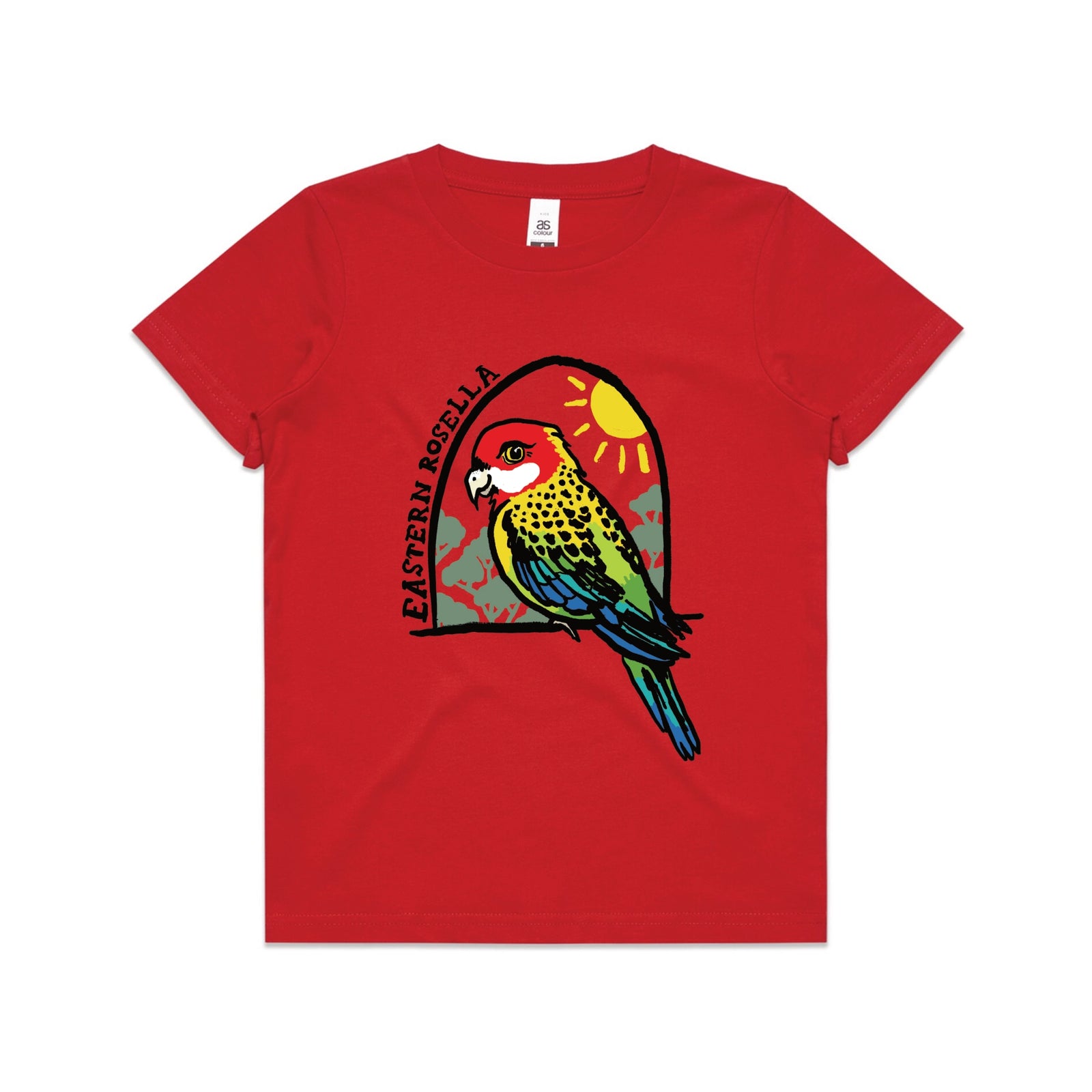 Red kids t-shirt with Eastern Rosella Kids graphic by Lonely Kids Club